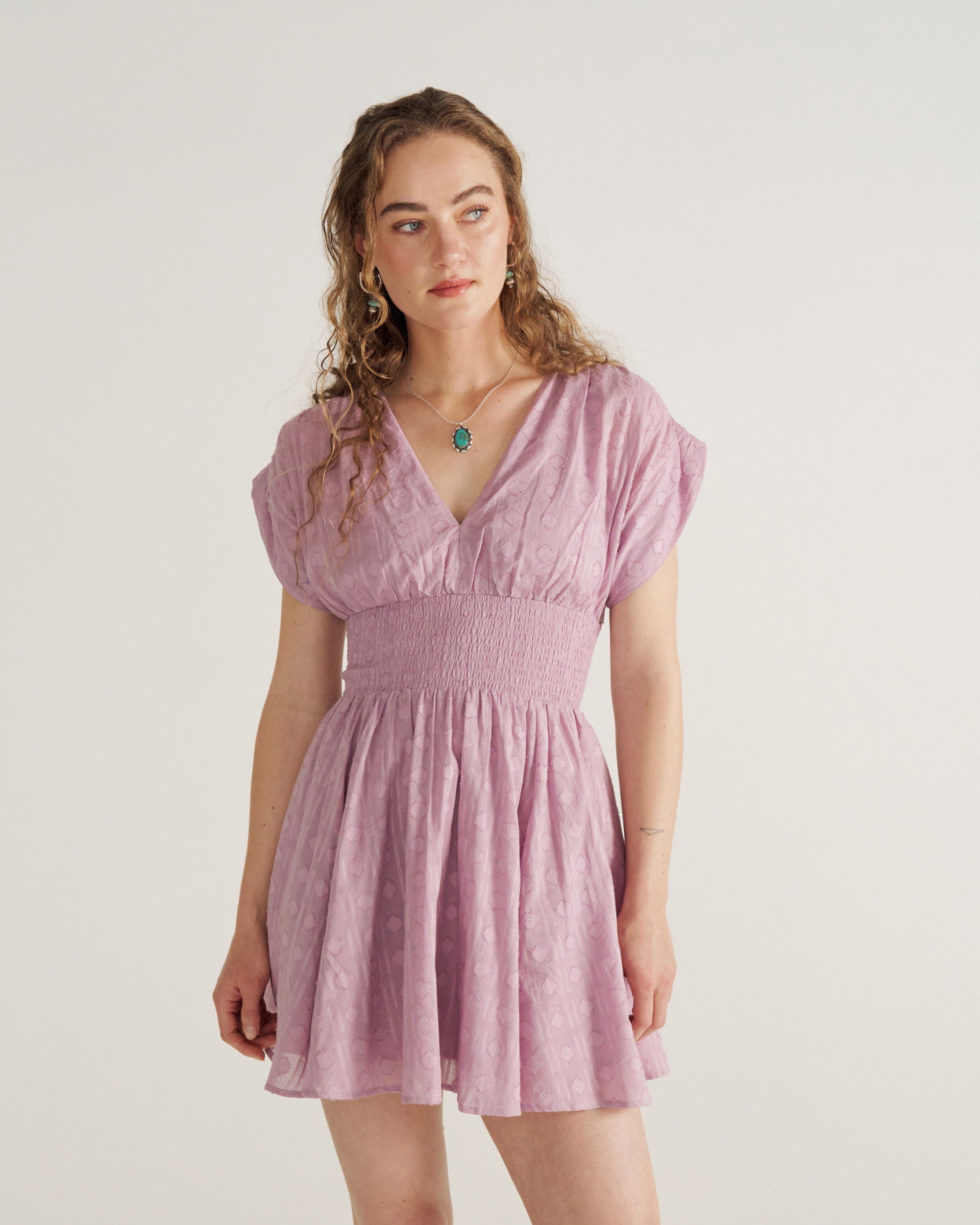 Women's Mini V-Neck Ruched Dress - Lavender Cotton