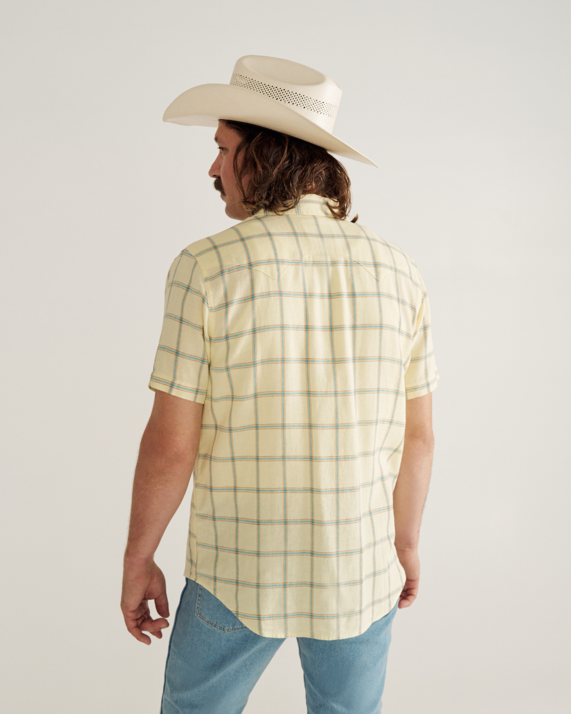 Men's Sawtooth Linen Short Sleeve Pearl Snap - Yellow Teal Cotton Linen