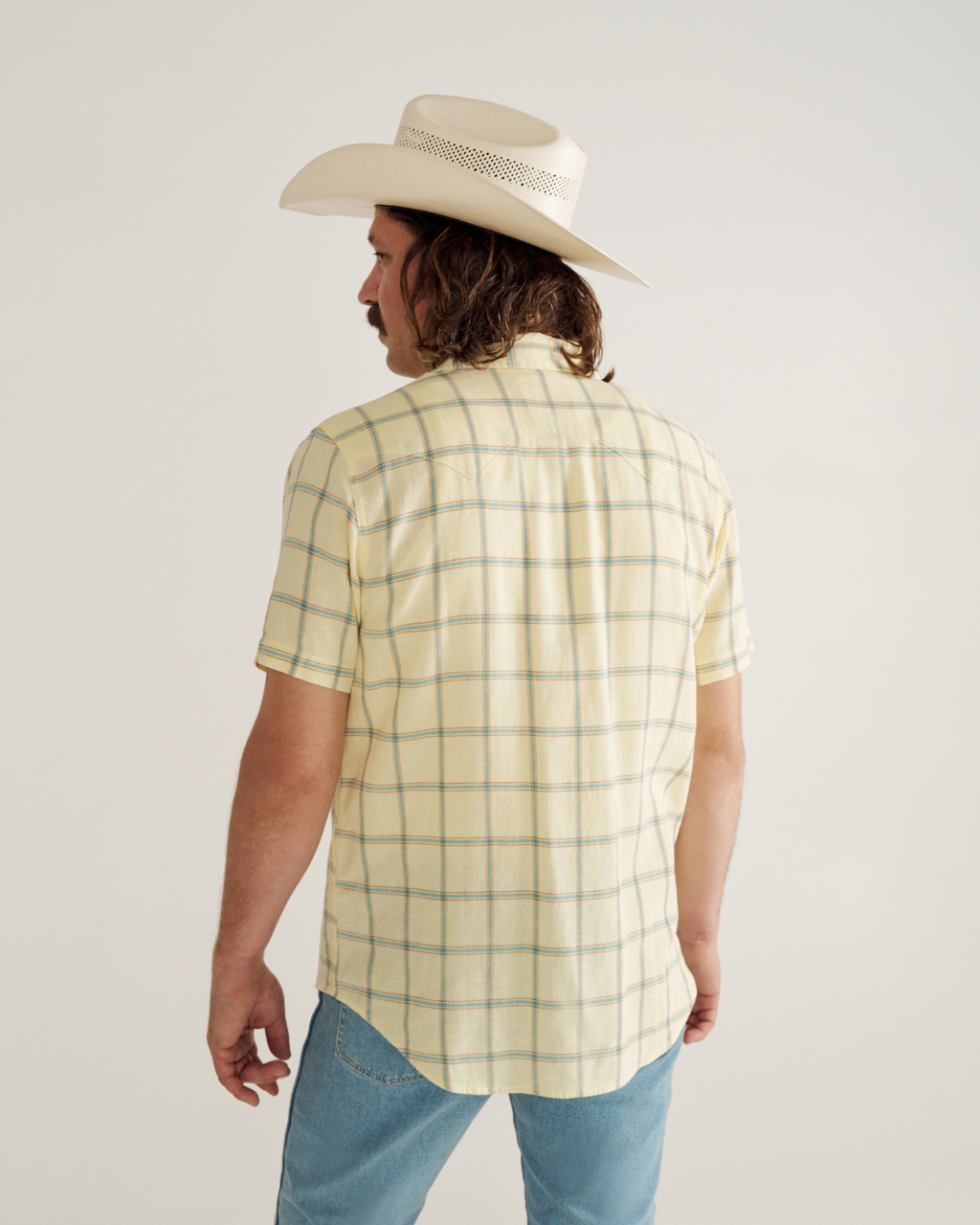 Men's Sawtooth Linen Short Sleeve Pearl Snap - White Aqua Haze Cotton Linen