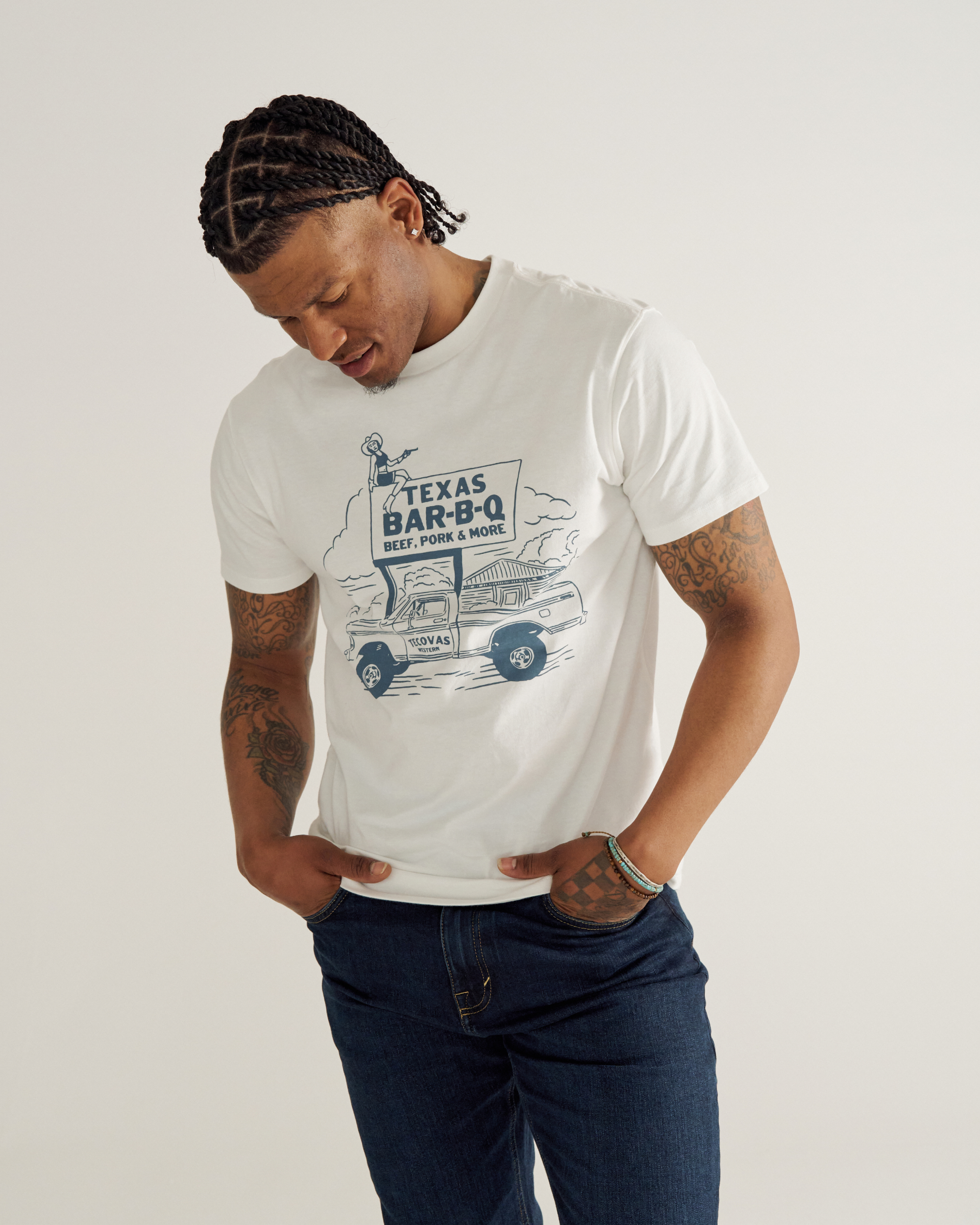 Men's Texas BBQ Tee - Bone Blue Pima Cotton
