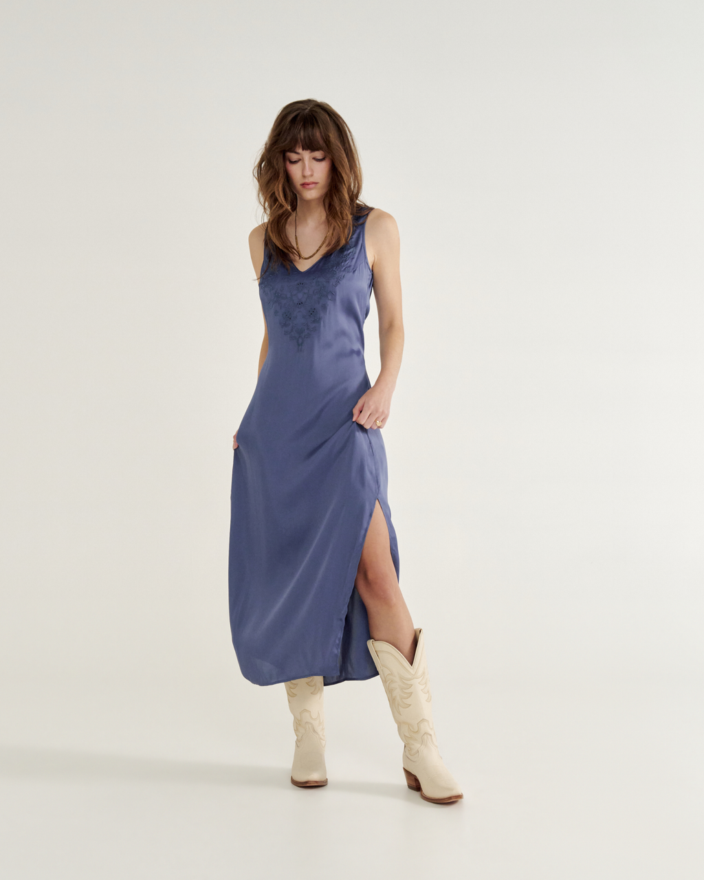 Women's Embroidered Slip Dress - Navy Viscose