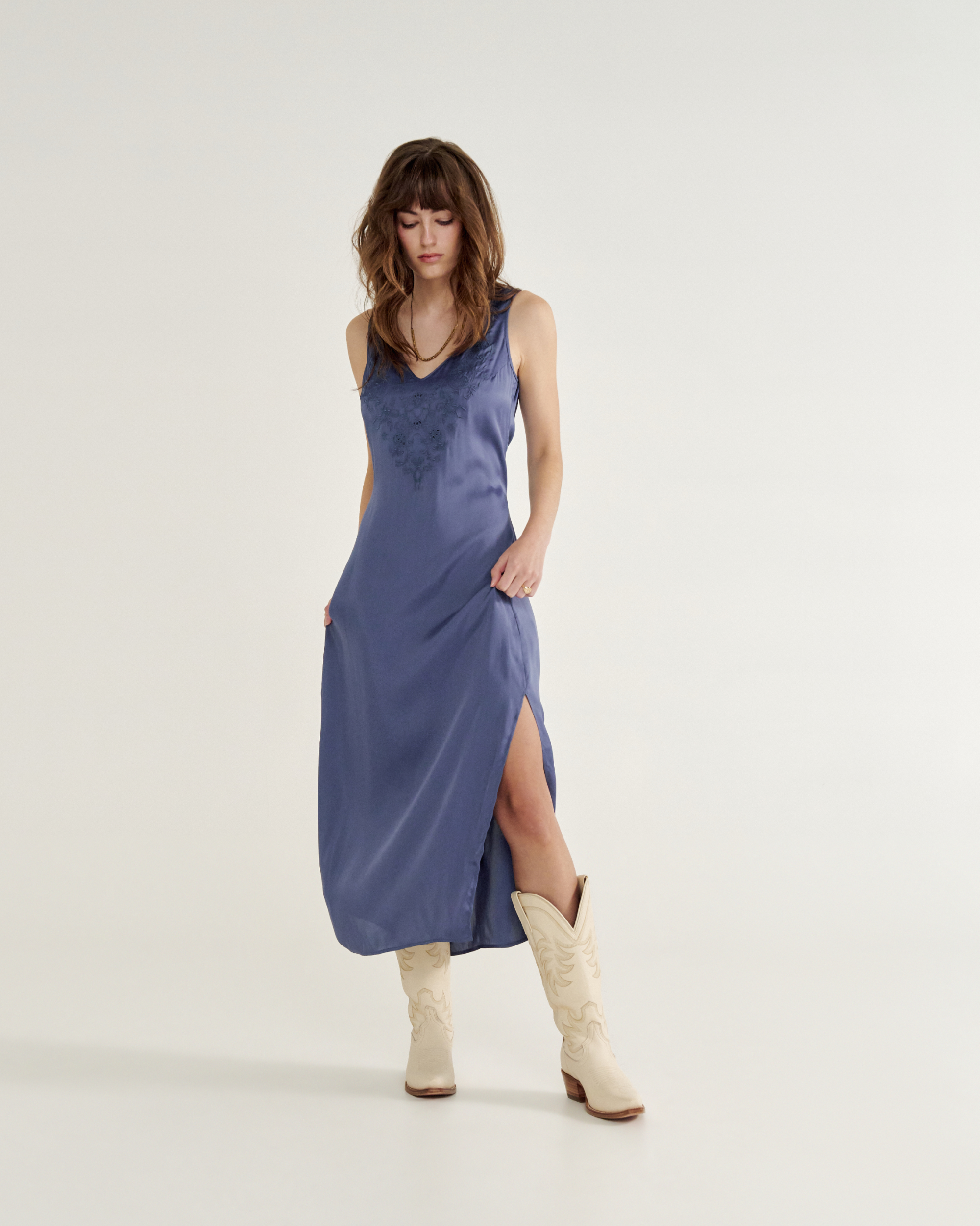 Women's Embroidered Slip Dress - Navy Viscose