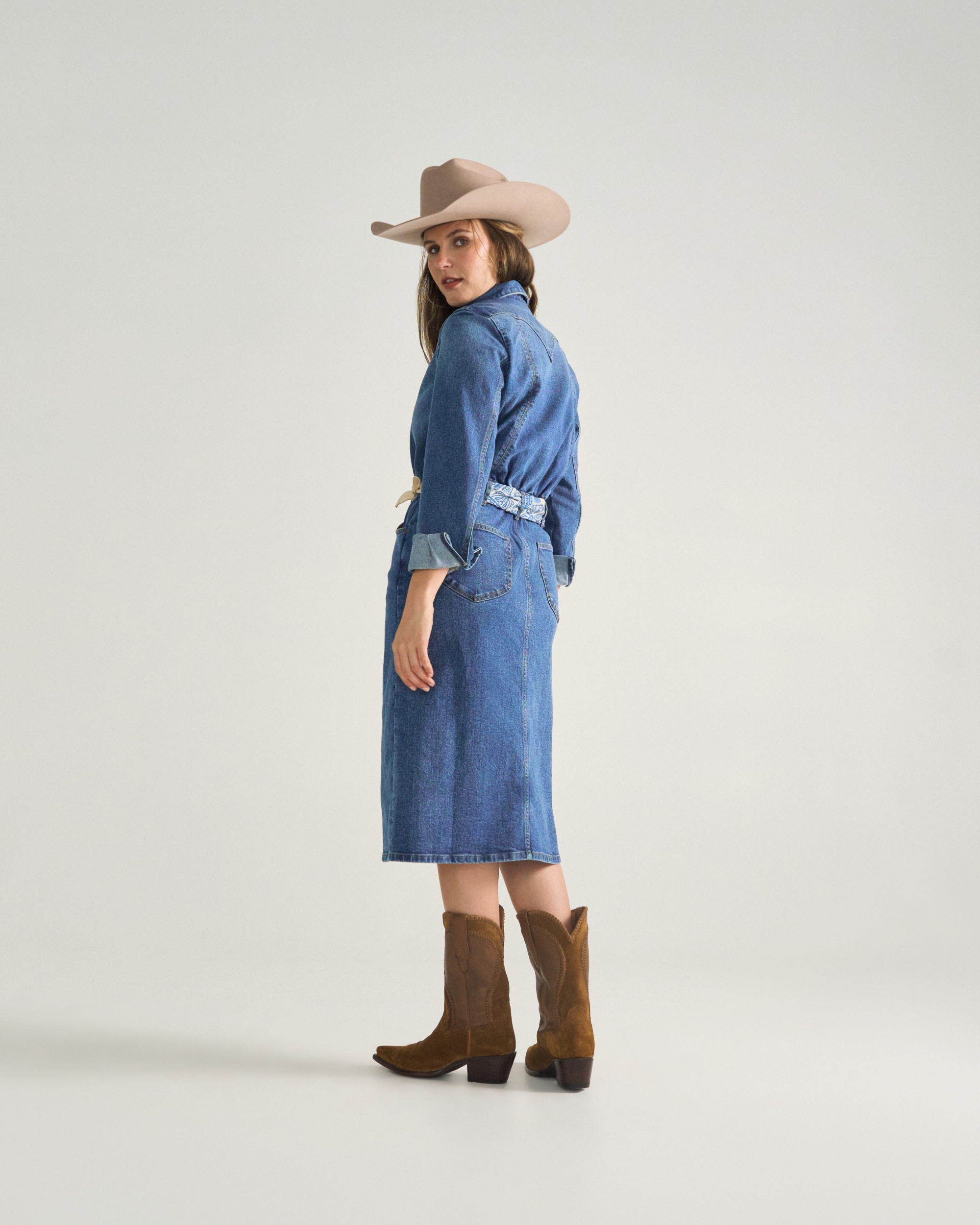 Women's Long Sleeve Denim Midi Dress - Medium Wash Denim