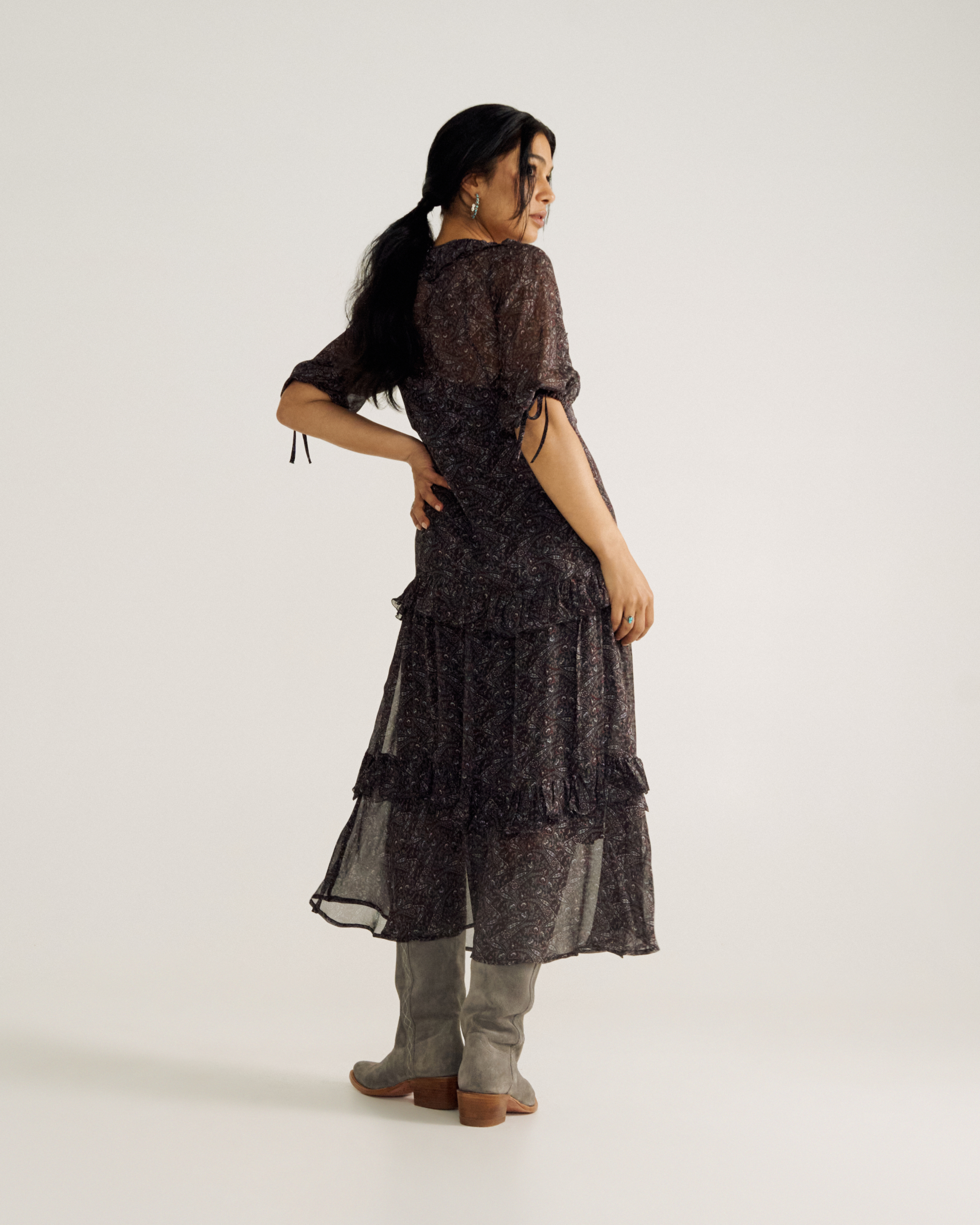 Women's Elbow-Length Maxi Dress - Burgundy Black Viscose