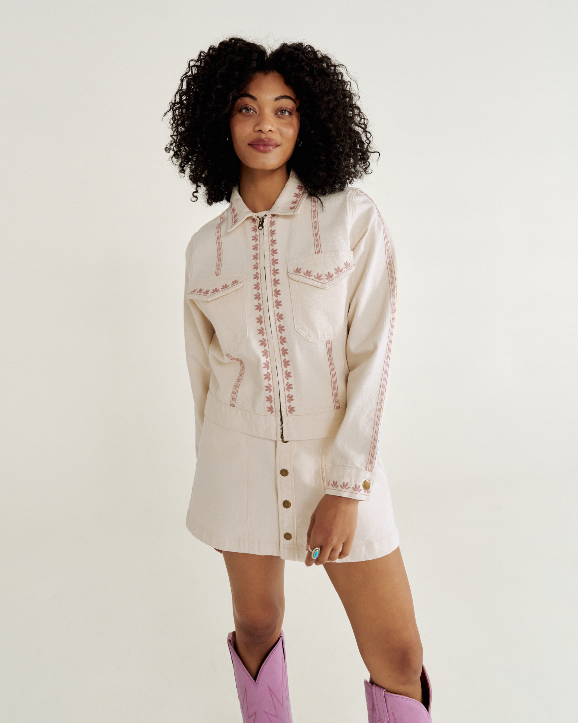 Women's Embroidered Mechanic's Jacket - Natural Denim