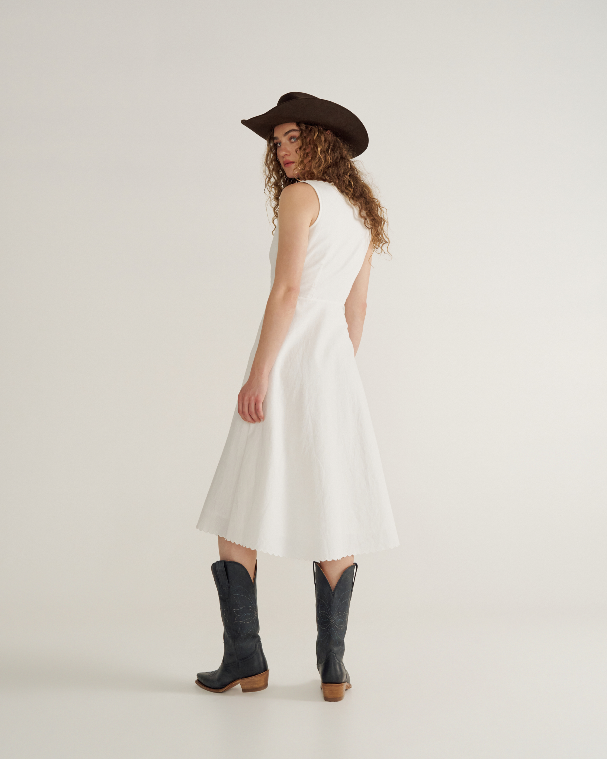 Women's Eyelet Linen Midi Dress - White Linen Cotton