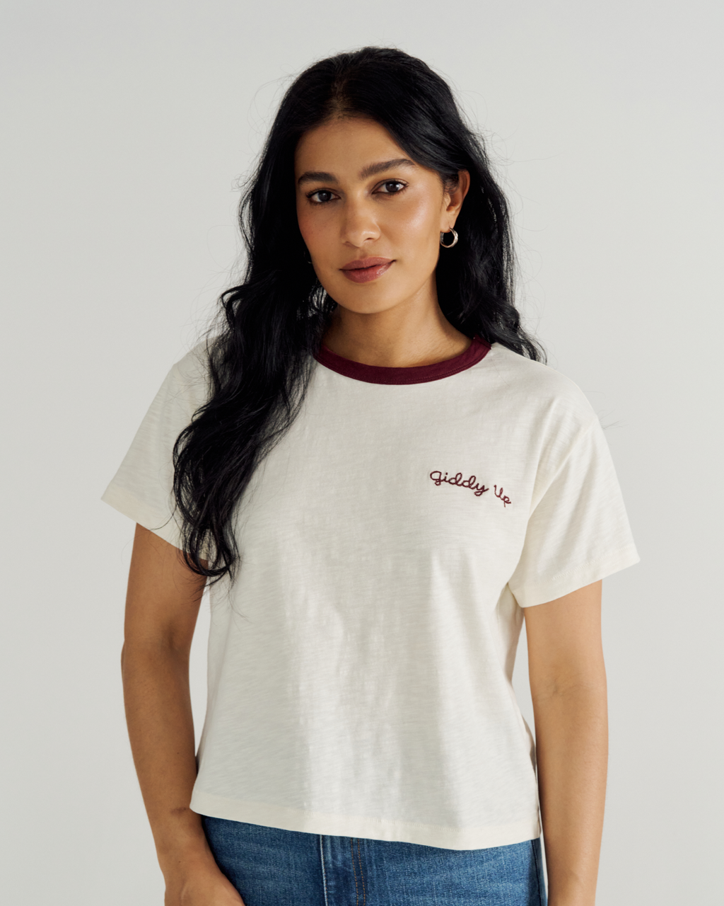 Women's Vintage Ringer Tee - Bone Burgundy Cotton