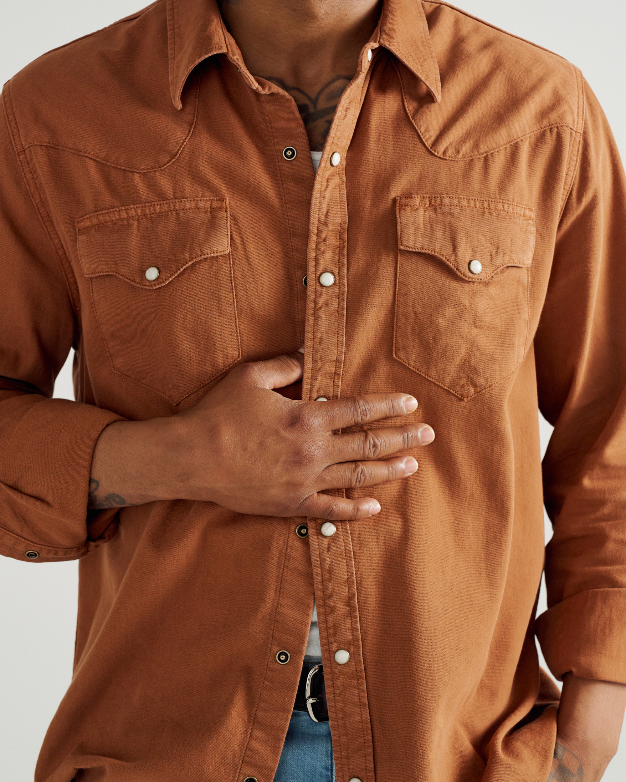 Men's Denim Long Sleeve Pearl Snap - Rust Denim