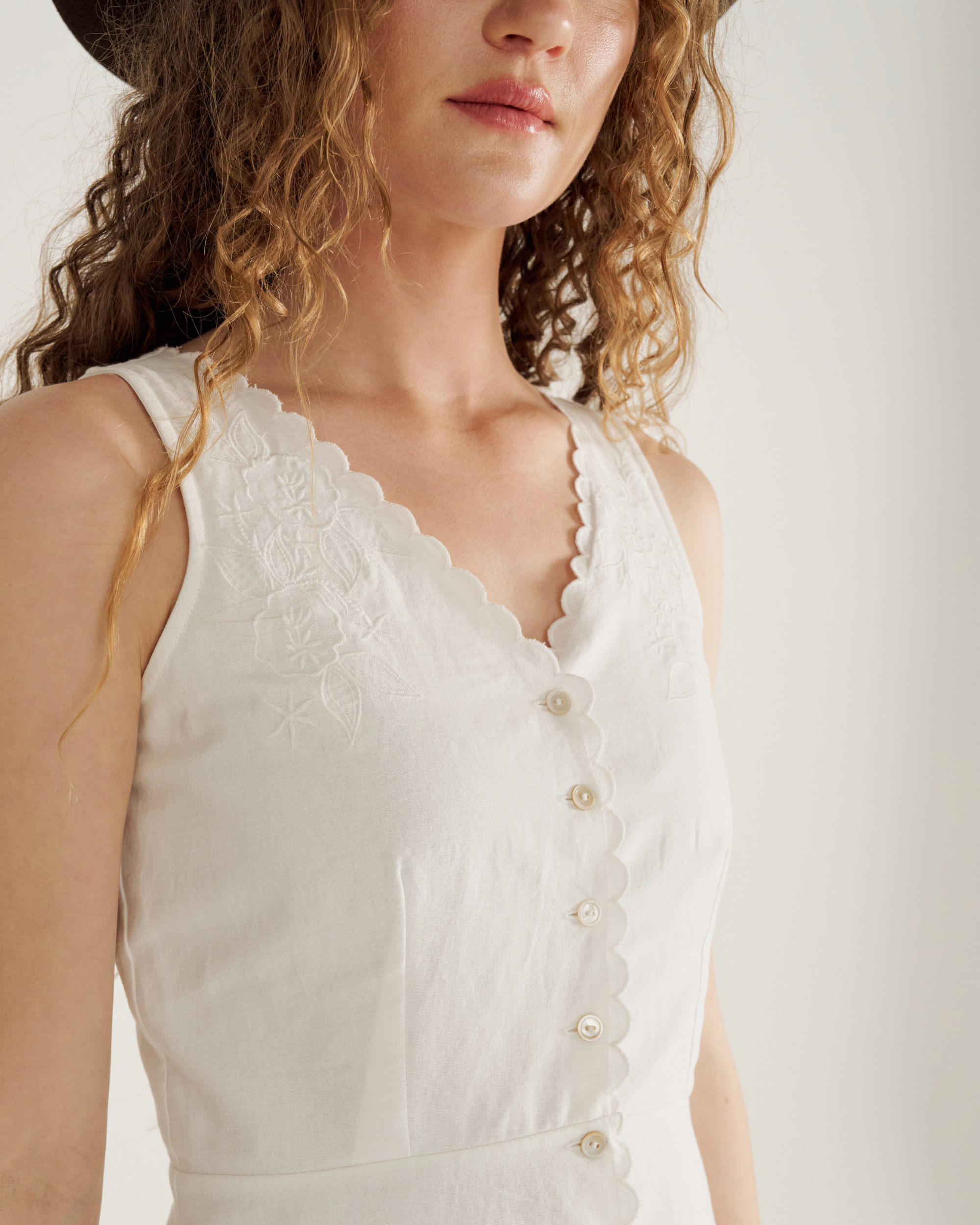 Women's Eyelet Linen Midi Dress - White Linen Cotton