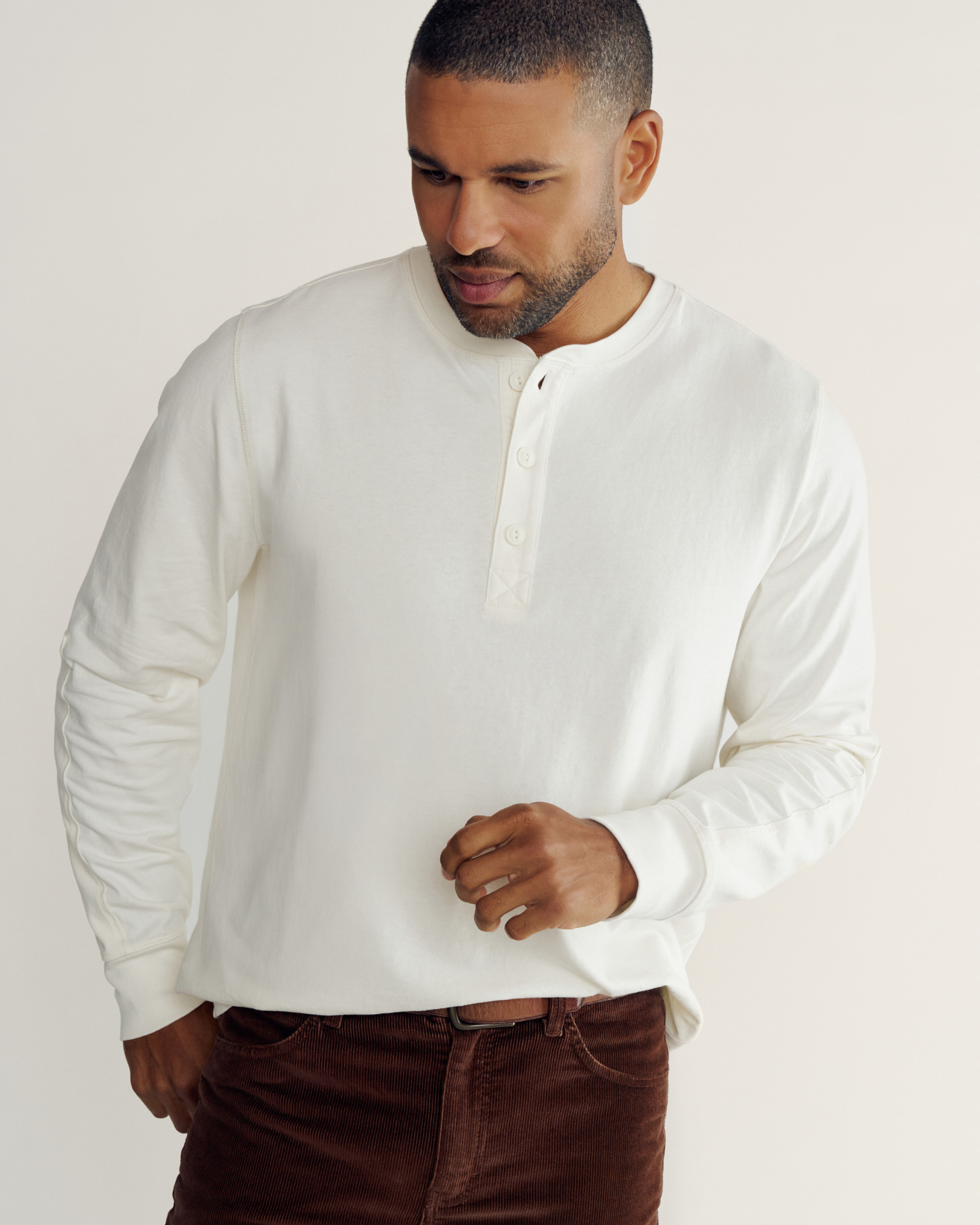 Men's Long Sleeve Henley - Whisper White Cotton