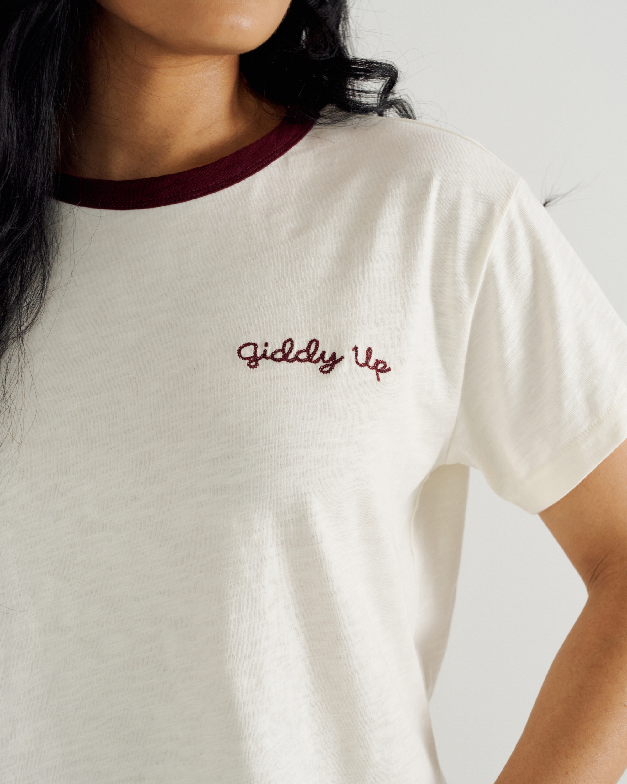 Women's Vintage Ringer Tee - Bone Burgundy Cotton