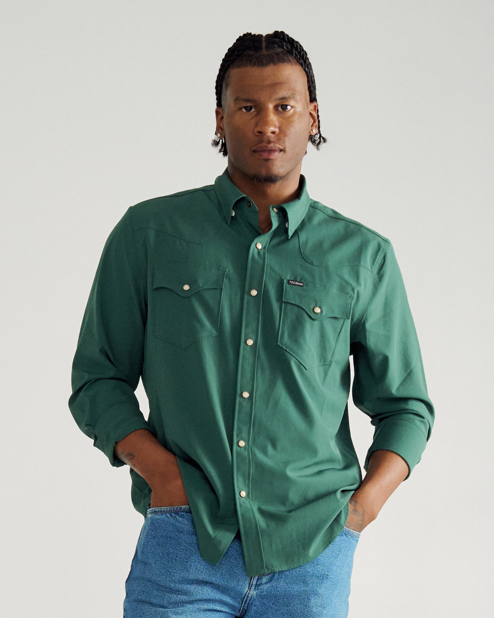 Men's Performance Long Sleeve Western Pearl Snap - Hunter Green Performance