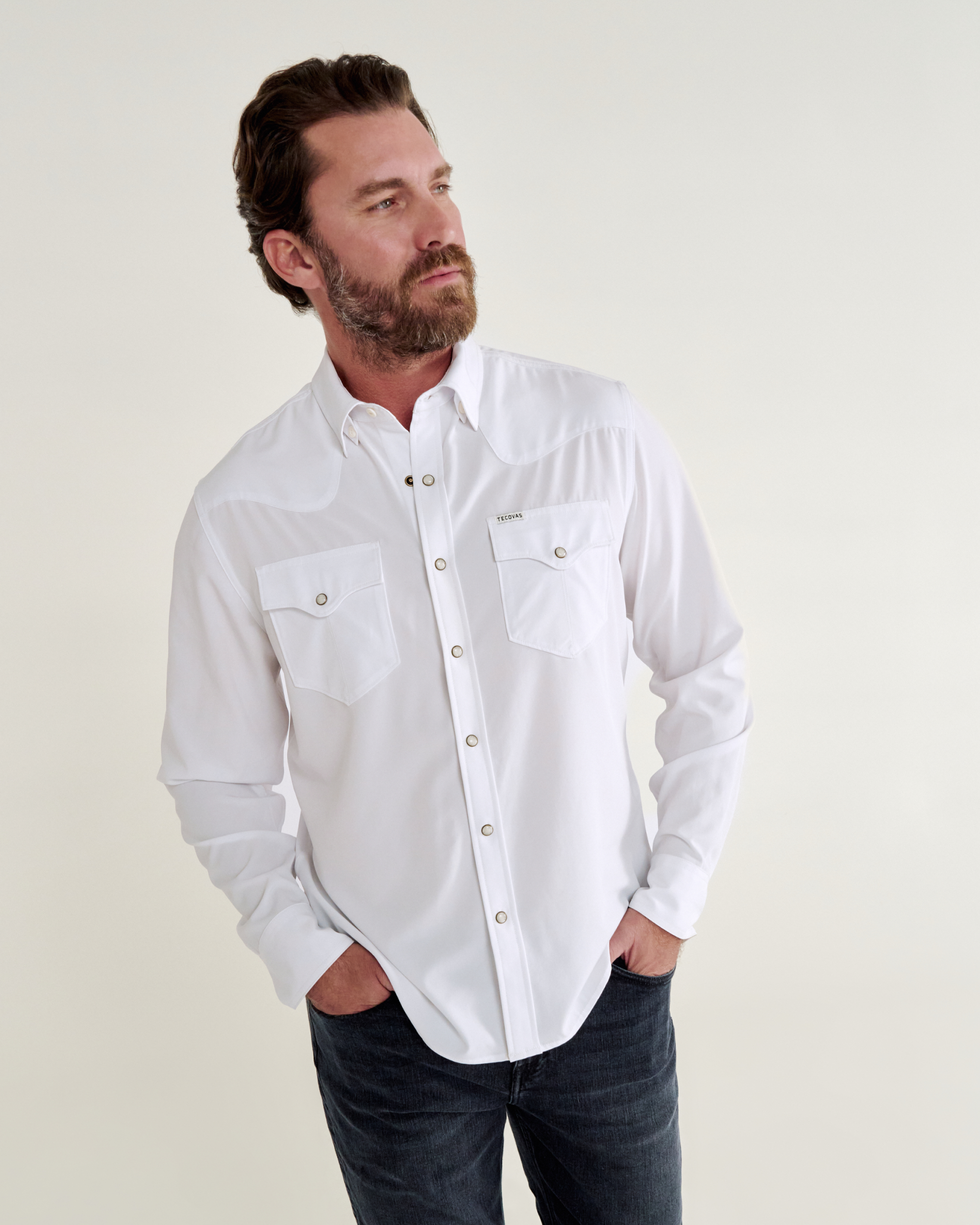 Men's Performance Long Sleeve Western Pearl Snap - Classic Fit - White Performance