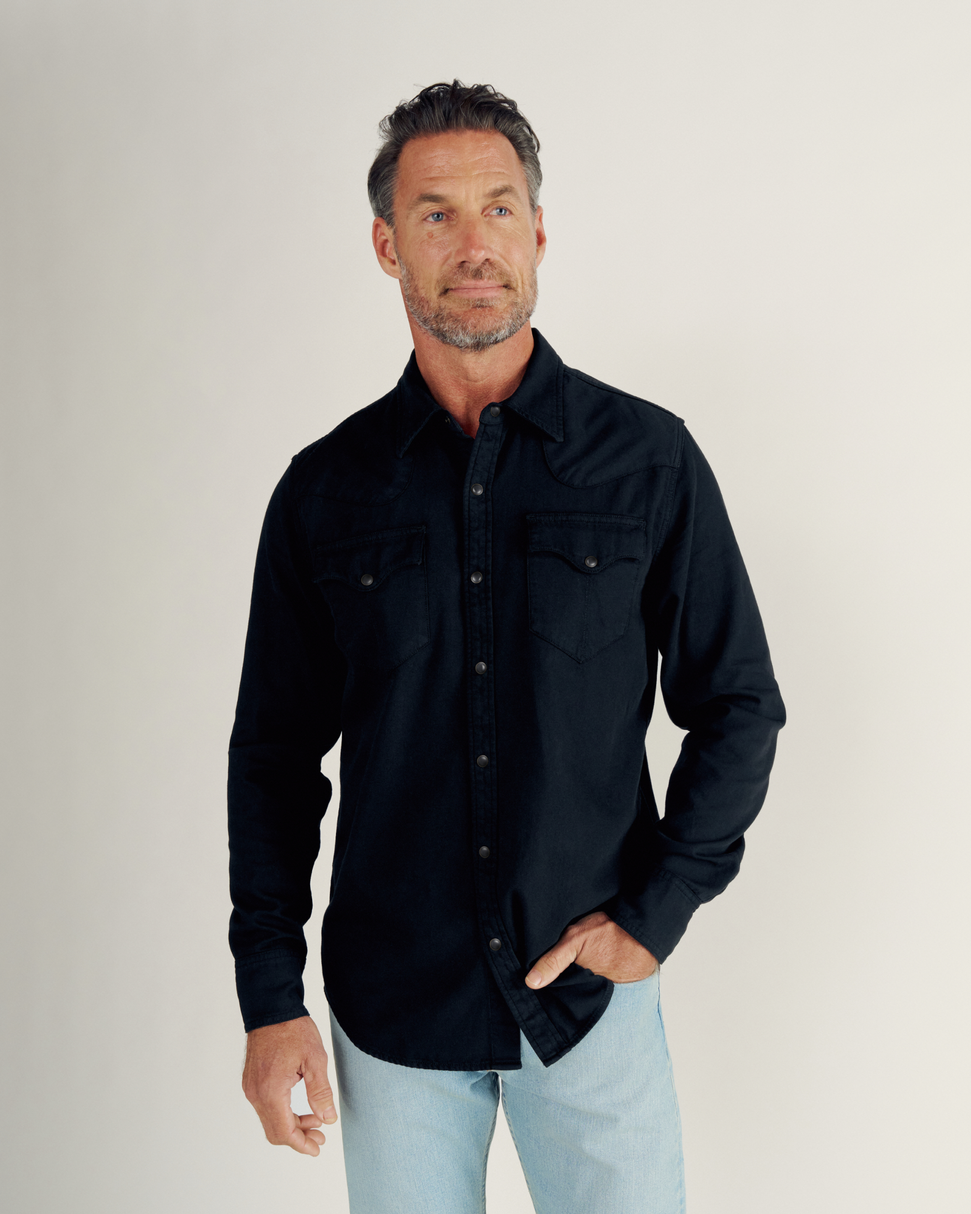 Men's Denim Long Sleeve Pearl Snap - Black Denim
