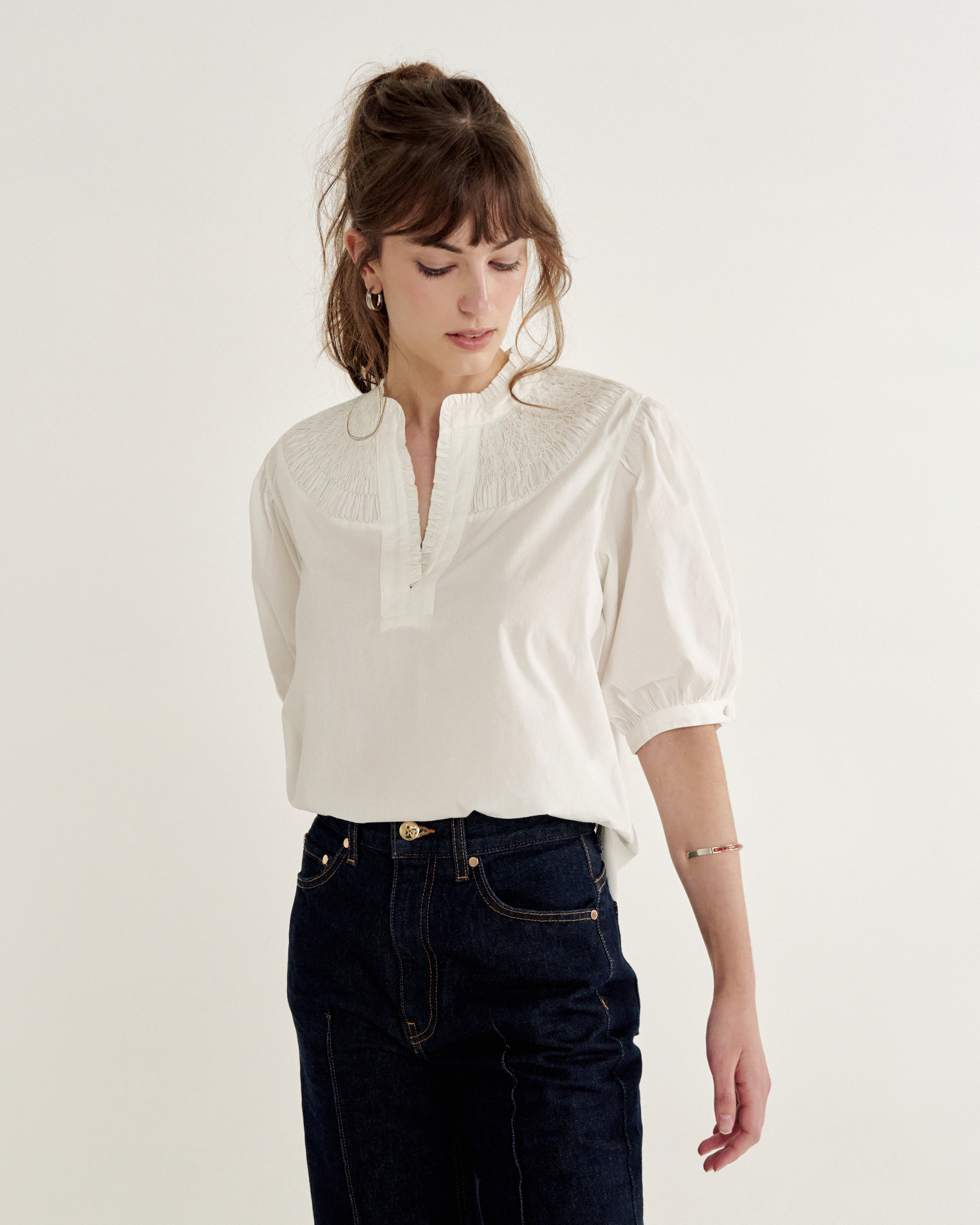 Women's Split Neck Top - White Cotton