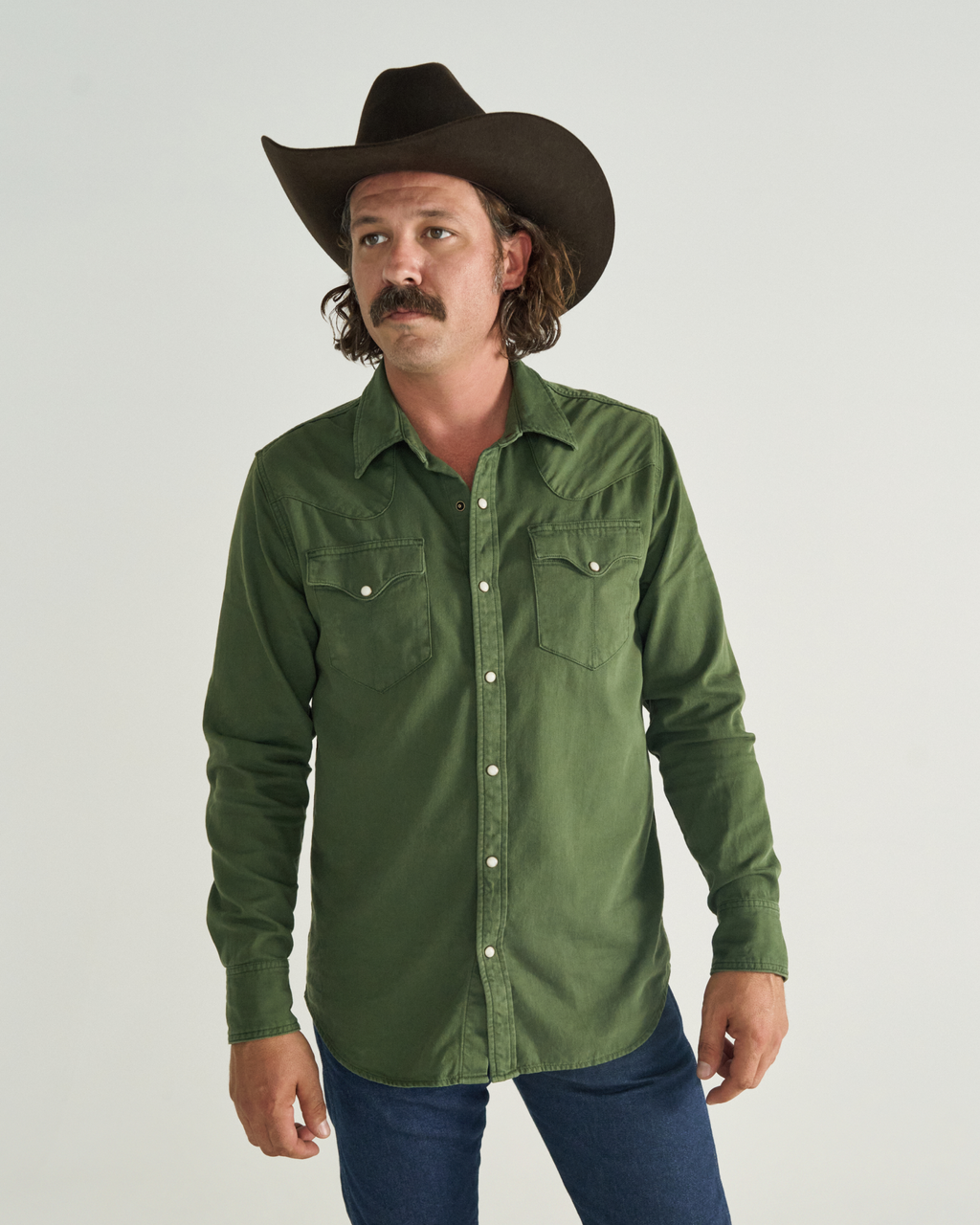 Men's Denim Long Sleeve Pearl Snap - Hunter Green Denim