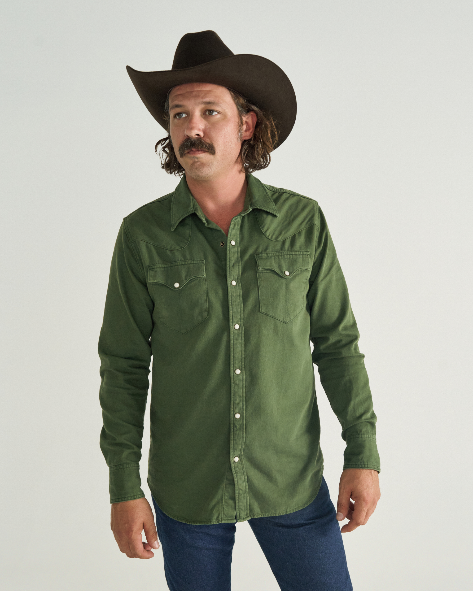 Men's Denim Long Sleeve Pearl Snap - Hunter Green Denim