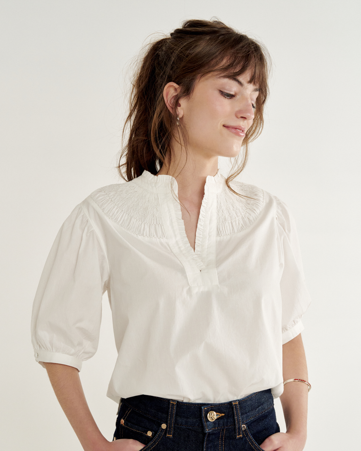 Women's Split Neck Top - White Cotton