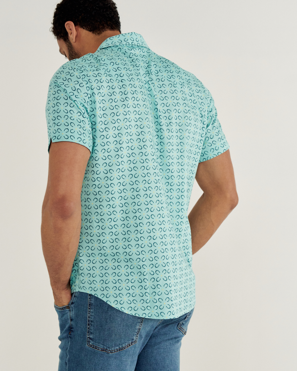 Men's Sawtooth Short Sleeve Pearl Snap - Blue Horseshoe Cotton