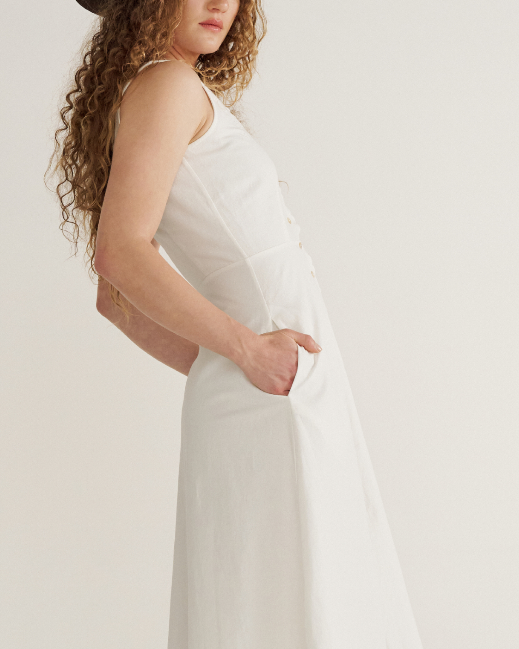 Women's Eyelet Linen Midi Dress - White Linen Cotton