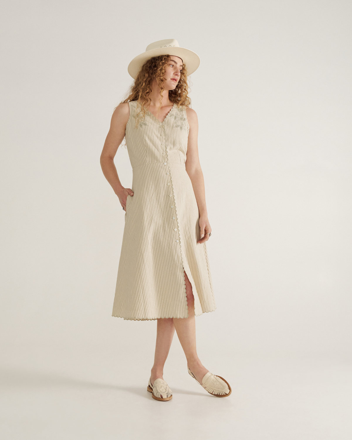 Women's Eyelet Linen Midi Dress - Green White Linen Cotton