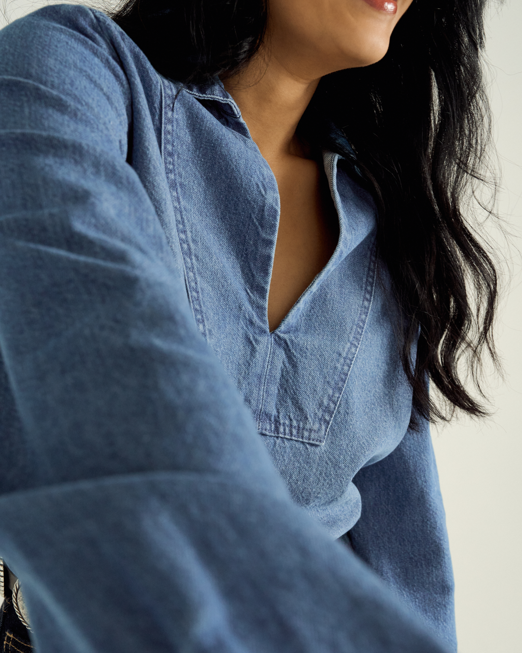 Women's Long Sleeve Denim Popover Top - Medium Wash Denim