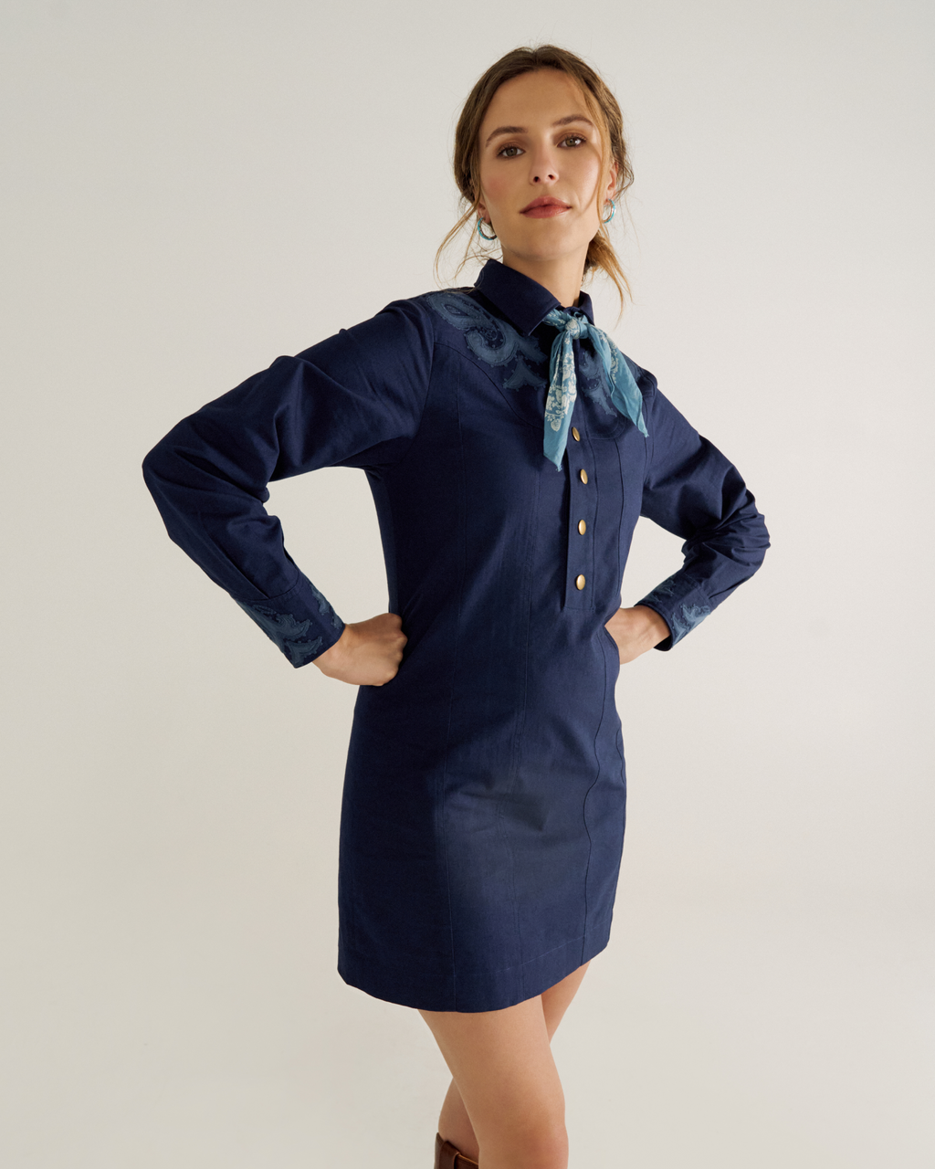 Women's Long Sleeve Applique Mini Dress - Twilight Cotton Blend