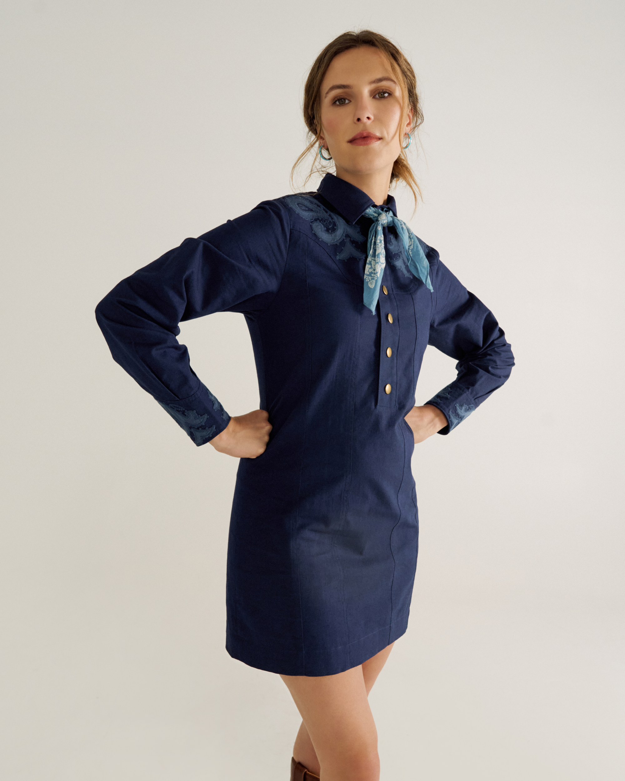 Women's Long Sleeve Applique Mini Dress - Twilight Cotton Blend