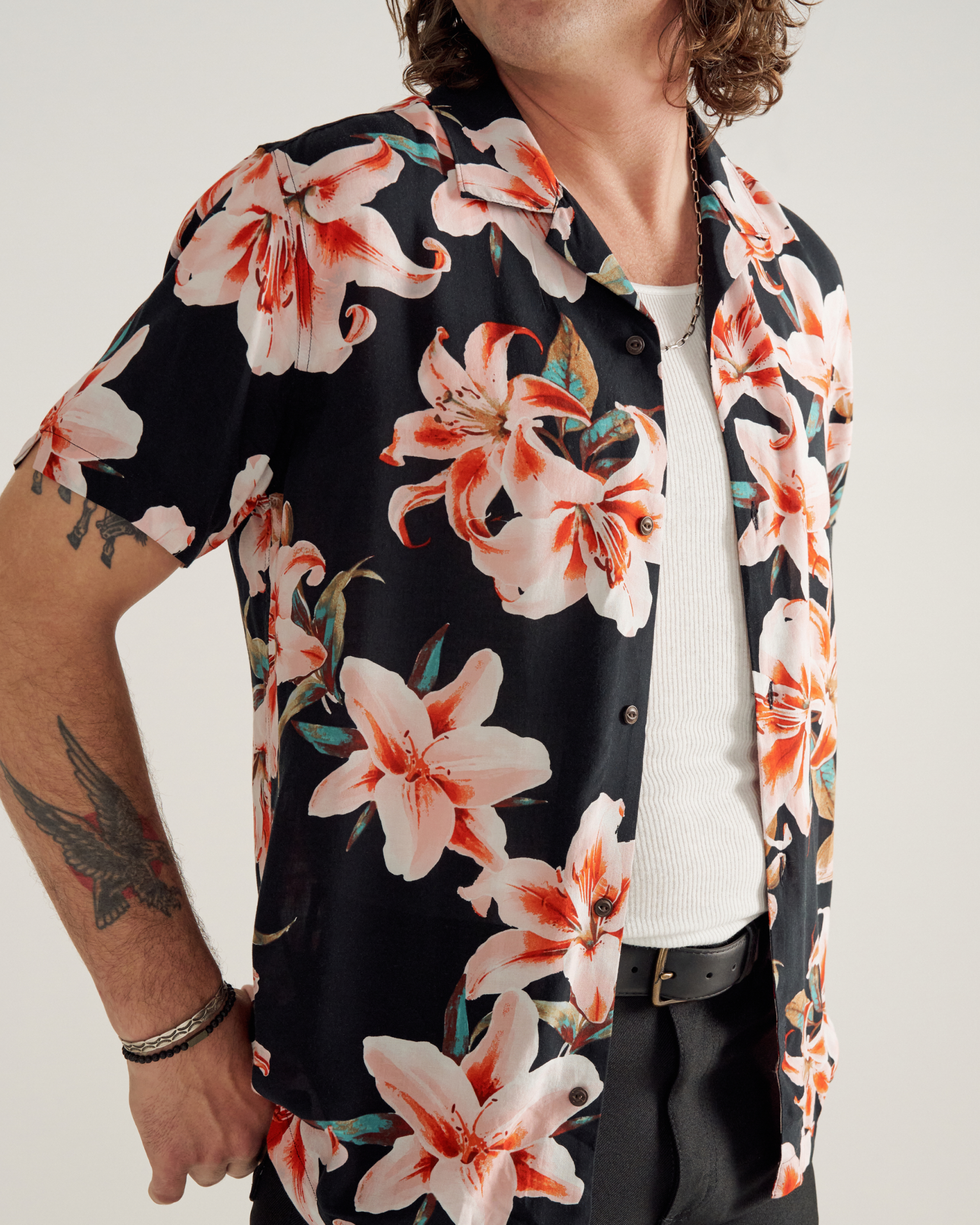 Men's Lakeside Short Sleeve Button Down - Black Multi Rayon Voile
