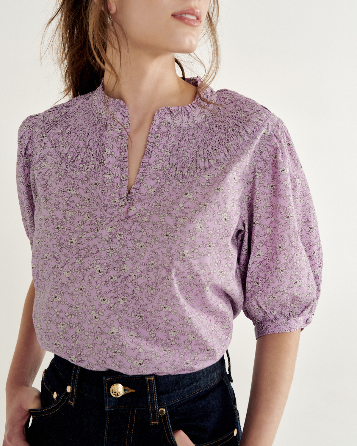 Women's Split Neck Top - Purple Cotton