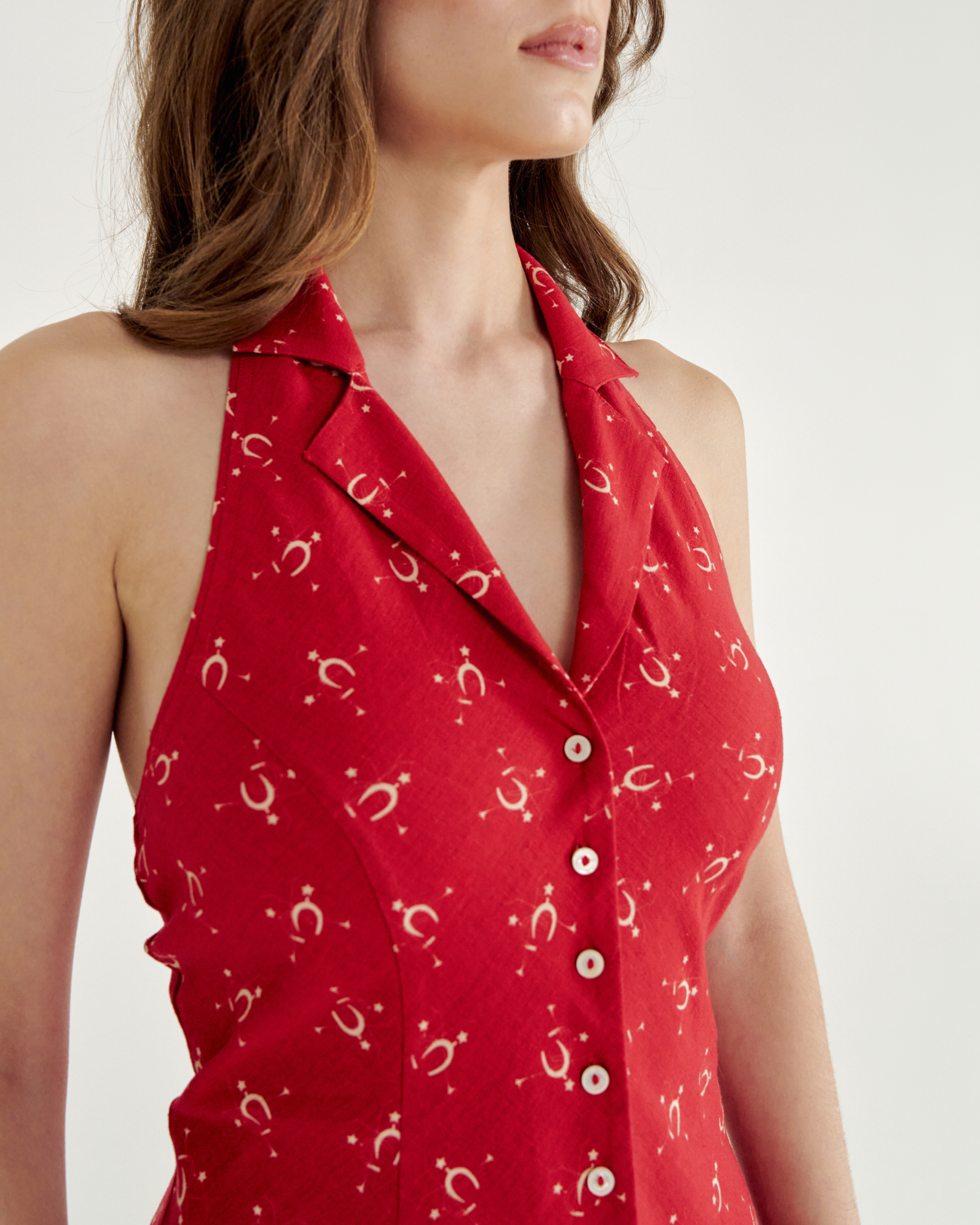 Women's Sleeveless Collared Mini Dress - Red Linen Viscose