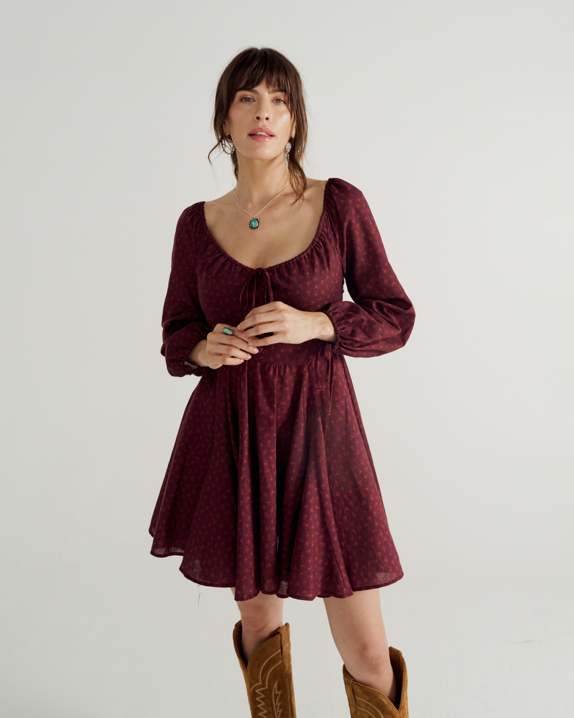 Women's Long Sleeve Mini Dress - Burgundy Floral Cotton Blend