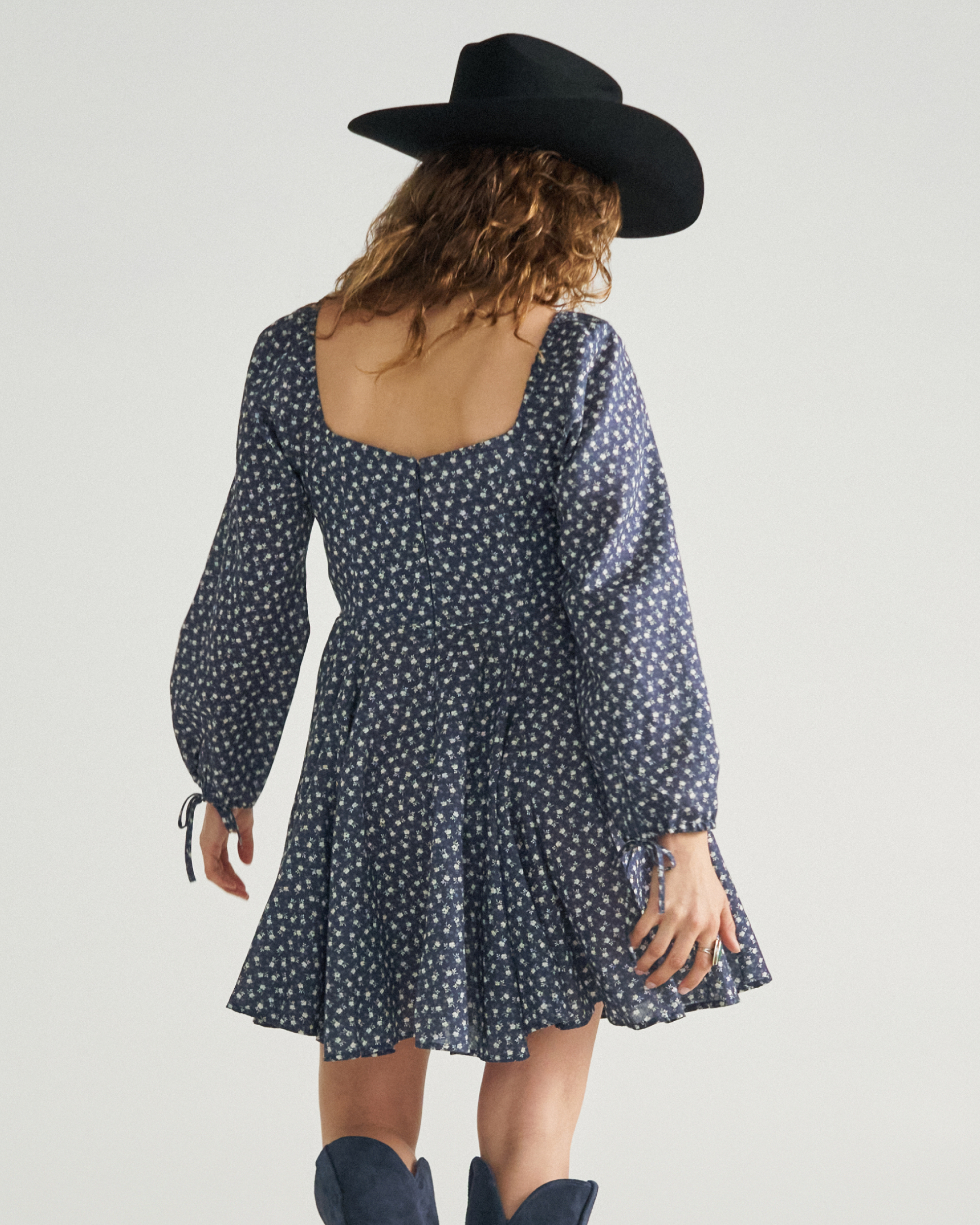 Women's Long Sleeve Mini Dress - Navy Bone Cotton Blend