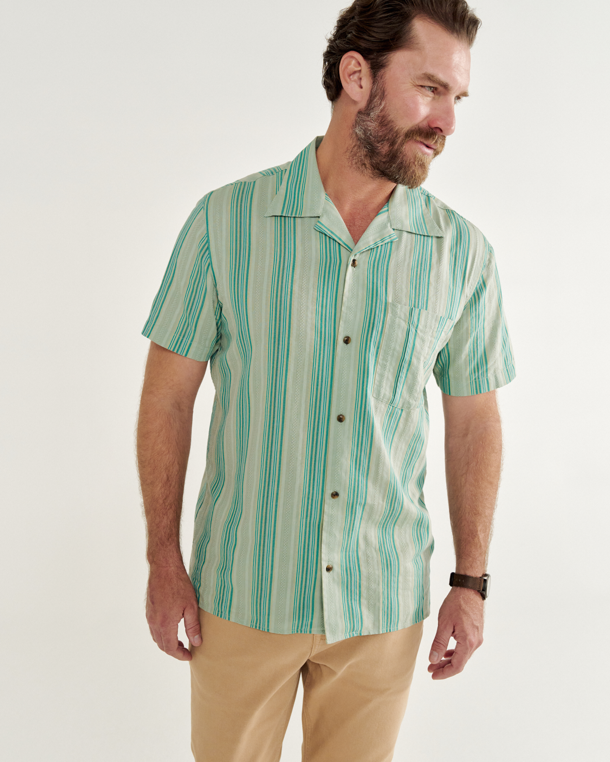Men's Dobby Camp Short Sleeve Shirt - Light Green Teal Cotton
