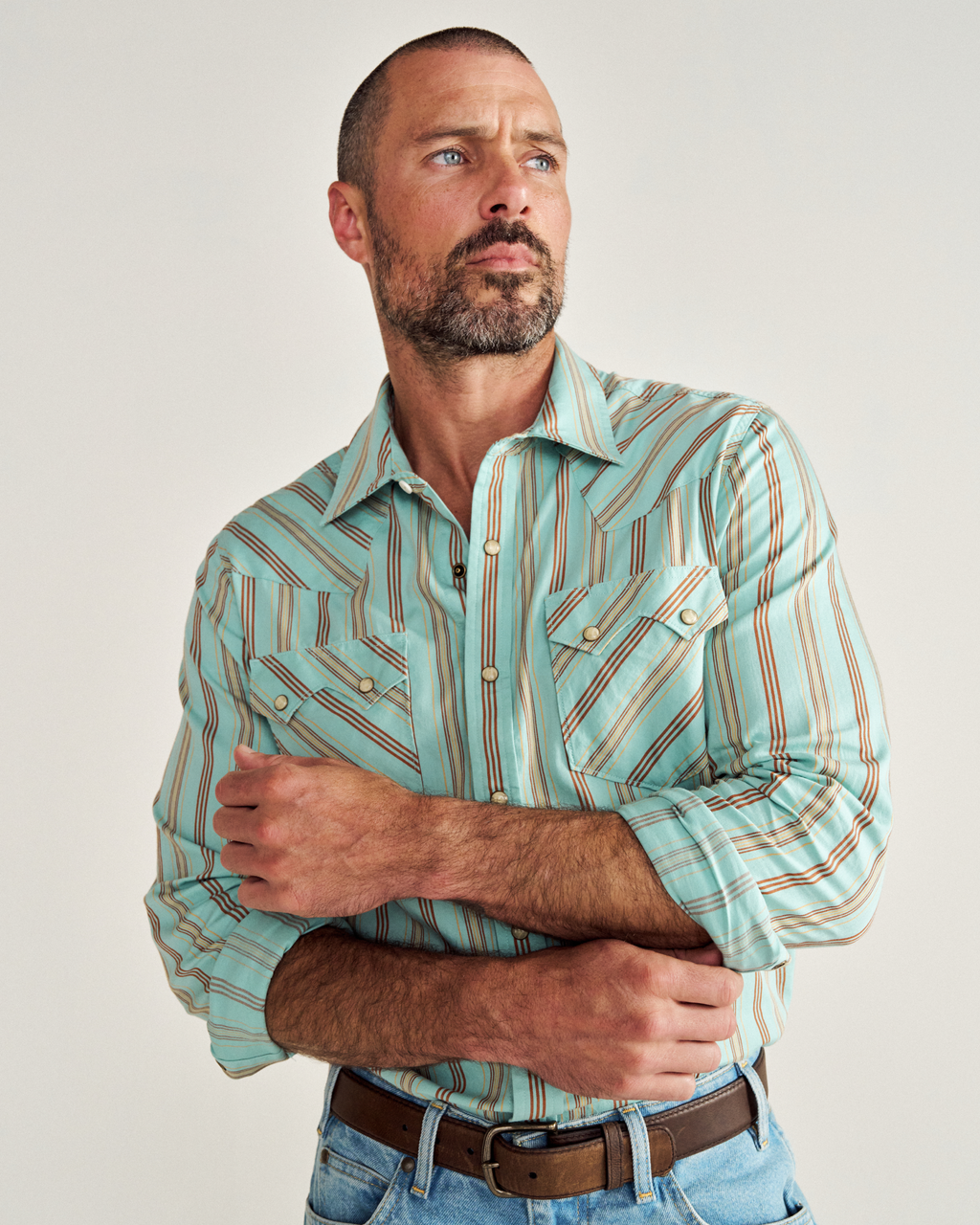 Men's Vintage Weight Sawtooth Cotton Pearl Snap - Blue Stripe Cotton