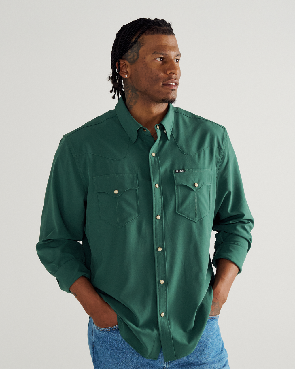 Men's Performance Long Sleeve Western Pearl Snap - Classic Fit - Hunter Green Performance