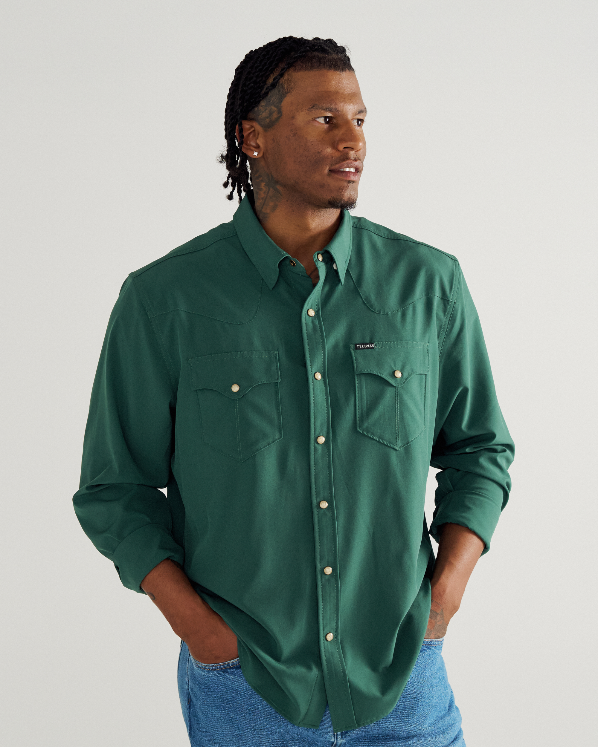 Men's Performance Long Sleeve Western Pearl Snap - Classic Fit - Hunter Green Performance