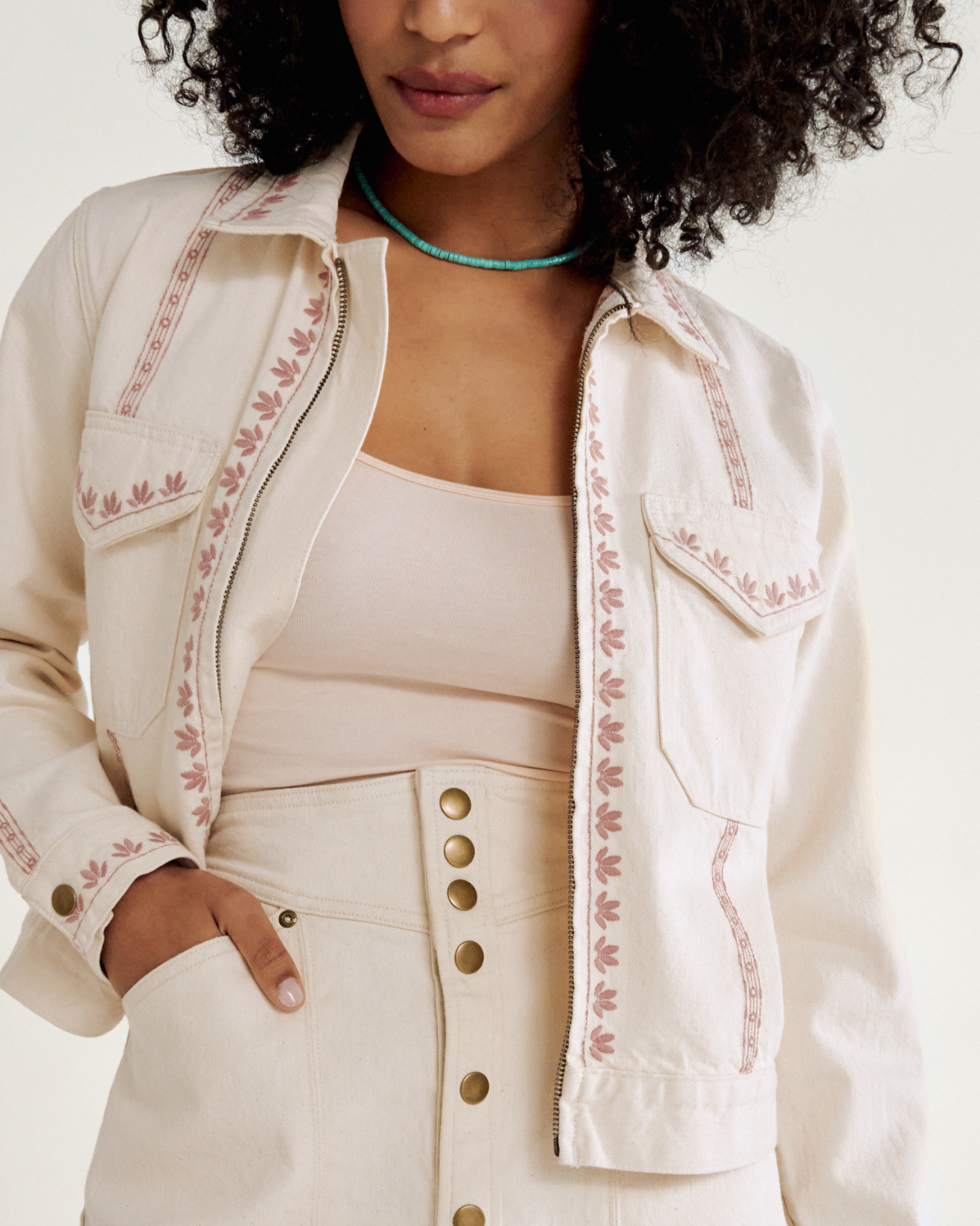 Women's Embroidered Mechanic's Jacket - Natural Denim