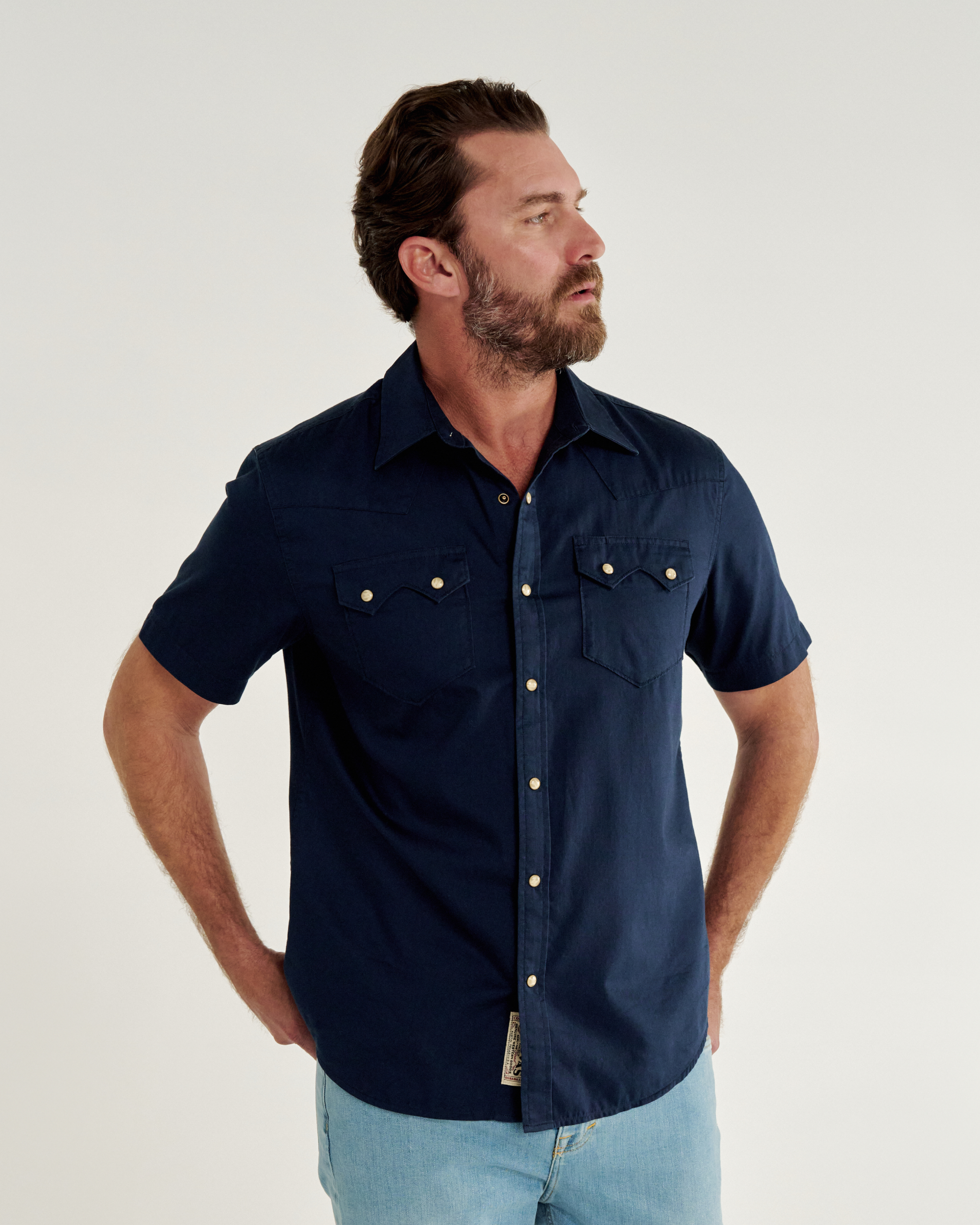 Men's Classic Fit Vintage Weight Sawtooth Short Sleeve Pearl Snap - Navy Cotton