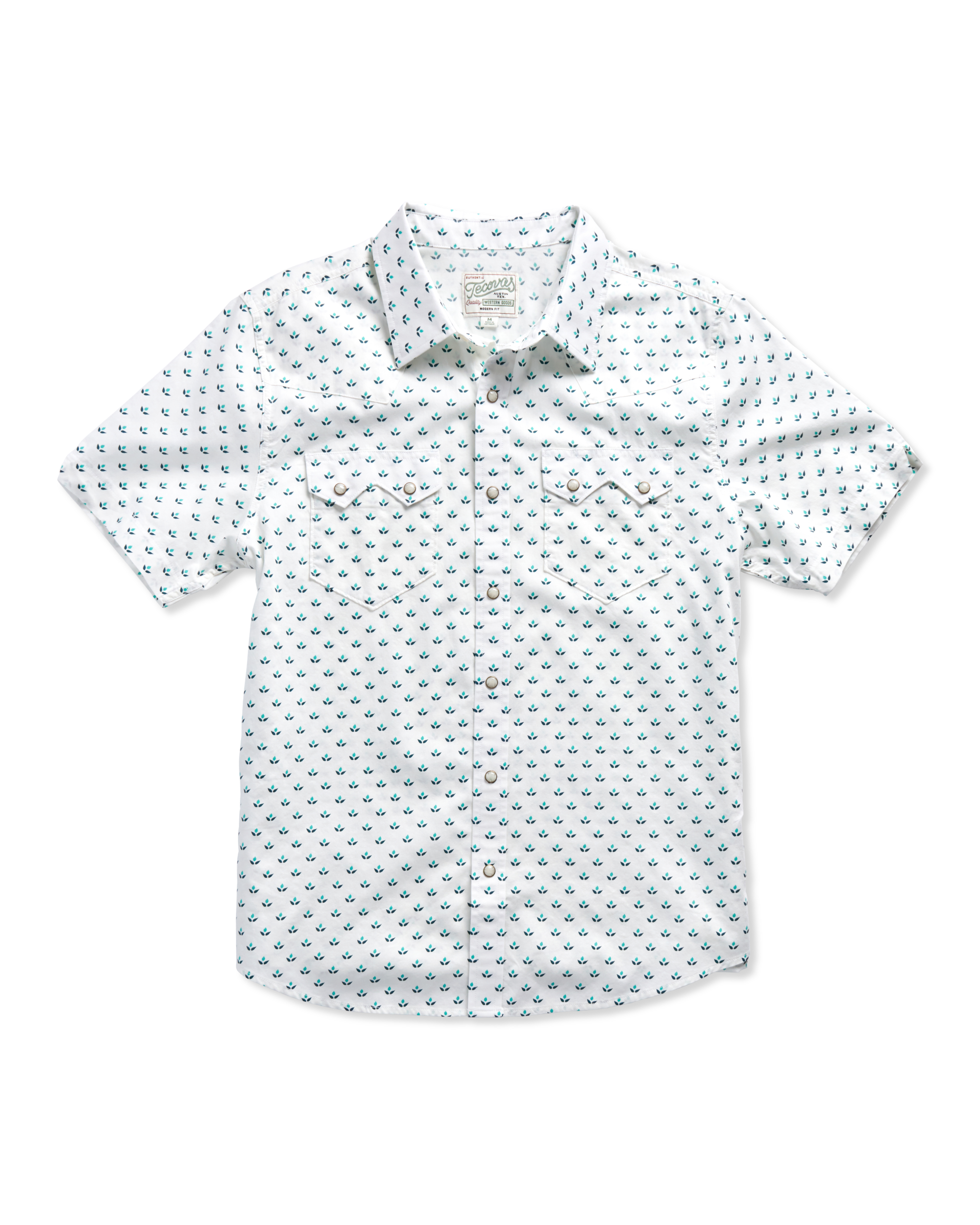Men's Sawtooth Short Sleeve Pearl Snap - White Blue Cotton