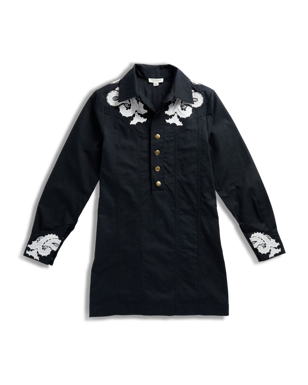 Women's Long Sleeve Applique Mini Dress - Black Cotton Blend