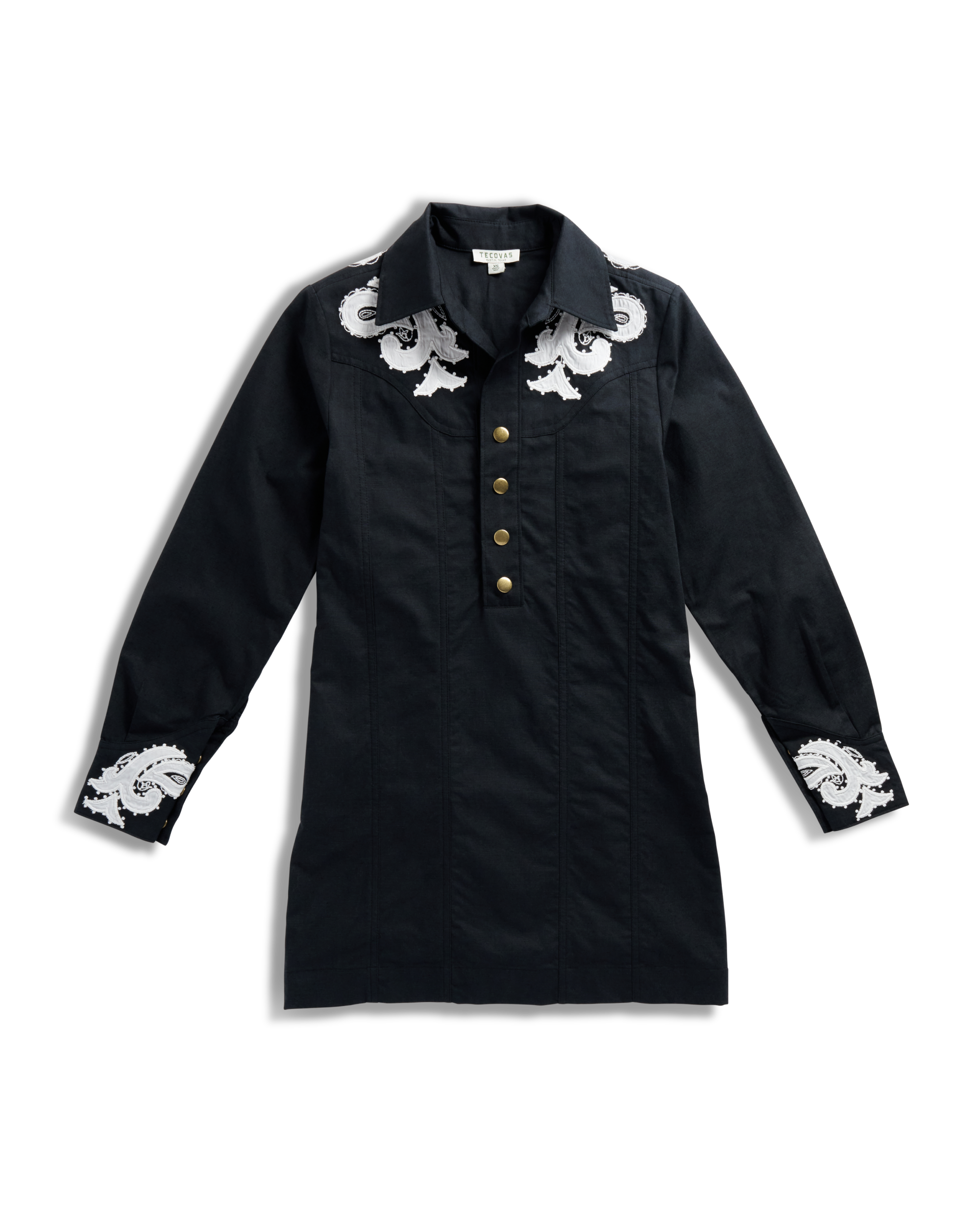Women's Long Sleeve Applique Mini Dress - Black Cotton Blend