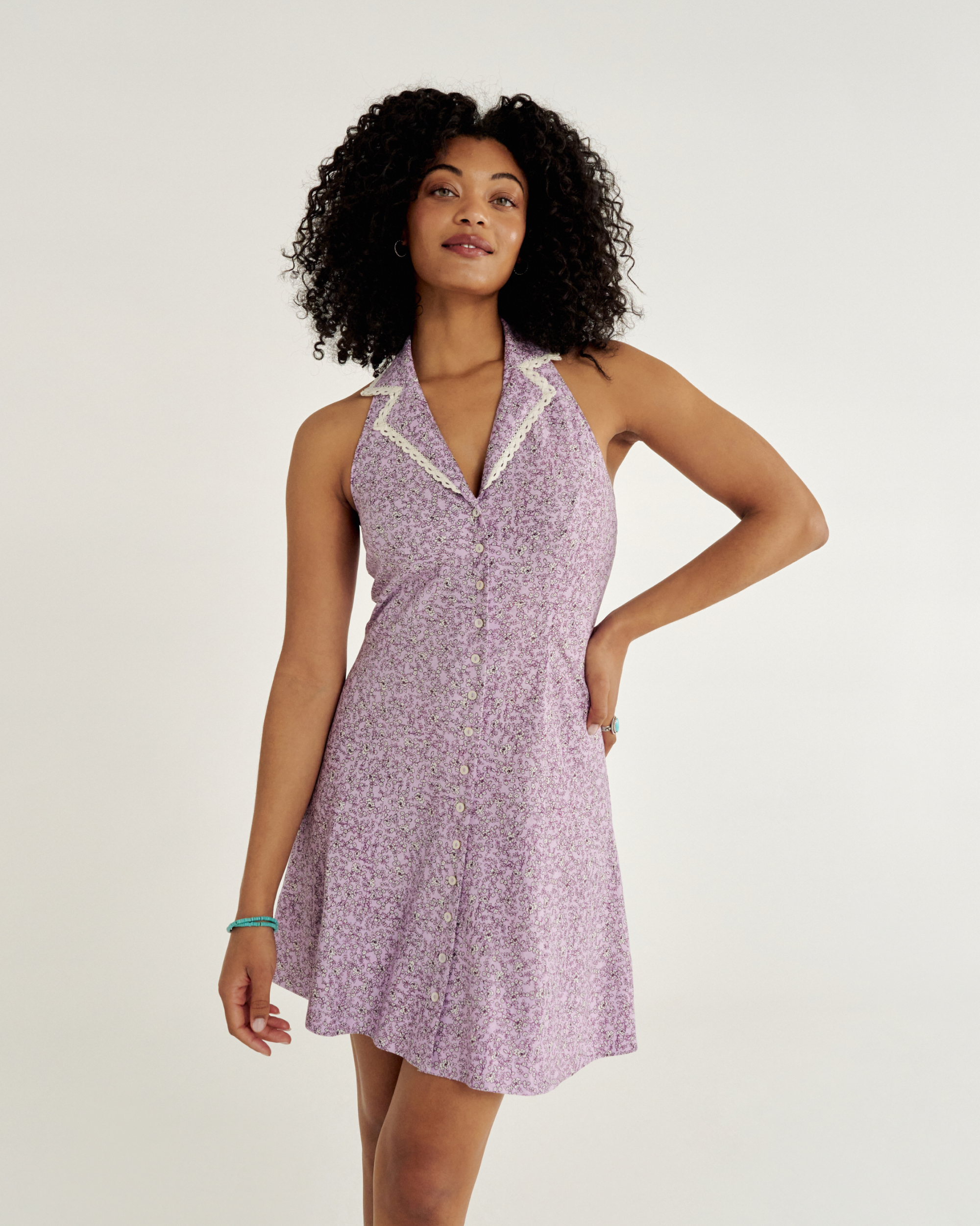 Women's Sleeveless Collared Mini Dress - Purple Linen Viscose