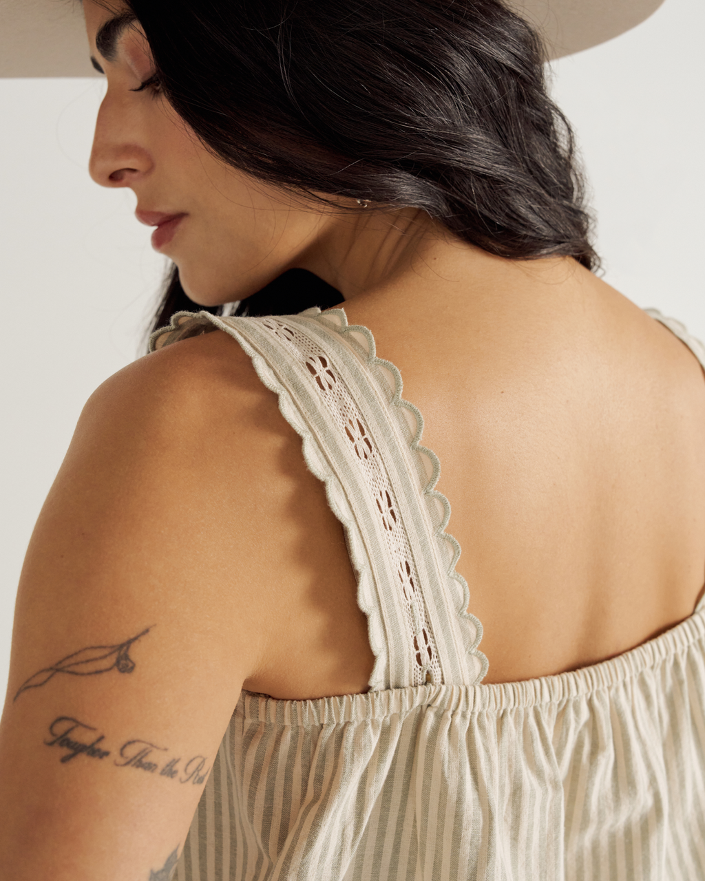 Women's Linen Artisanal Tank - Green White Linen Cotton