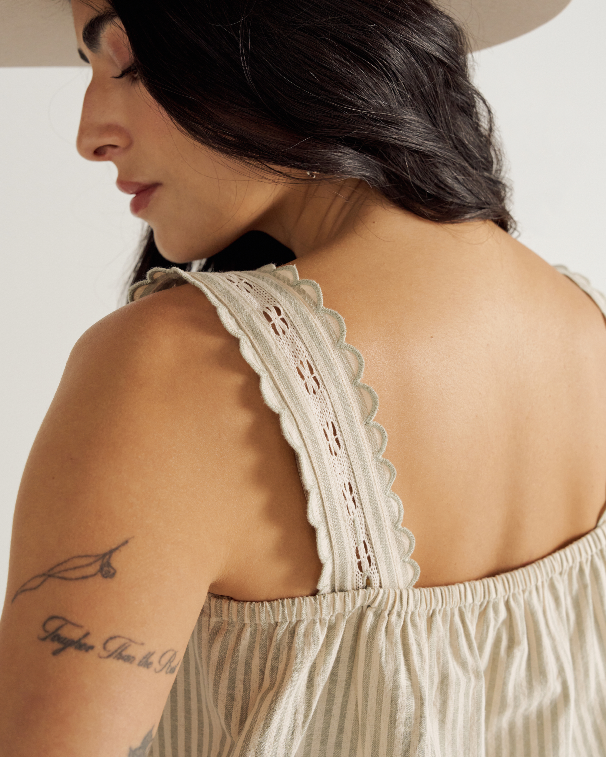 Women's Linen Artisanal Tank - Green White Linen Cotton