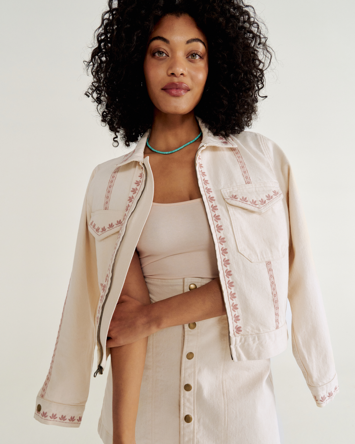 Women's Embroidered Mechanic's Jacket - Natural Denim