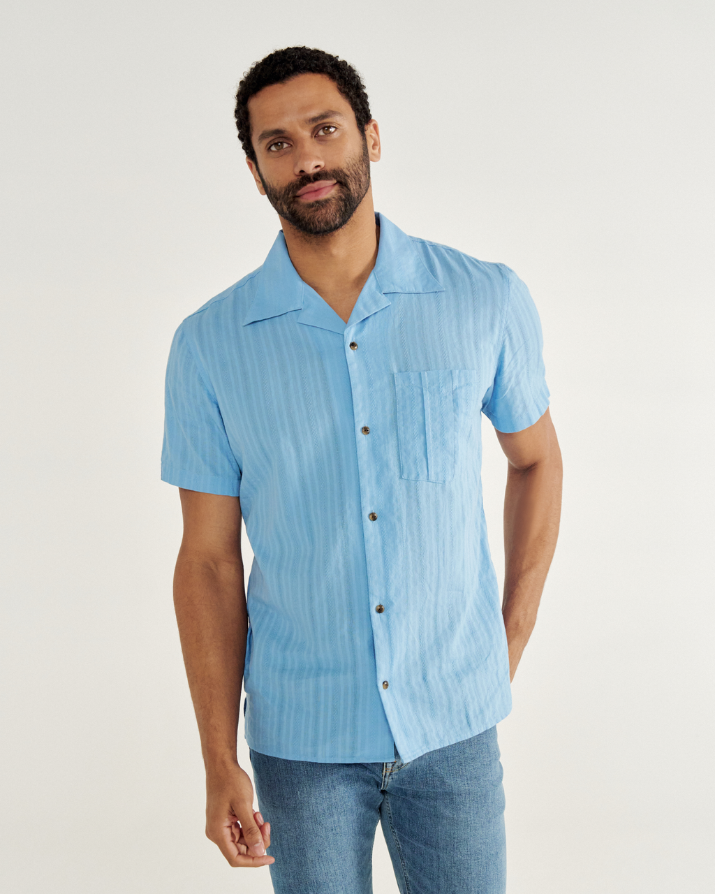 Men's Dobby Camp Short Sleeve Shirt - Light Blue Cotton