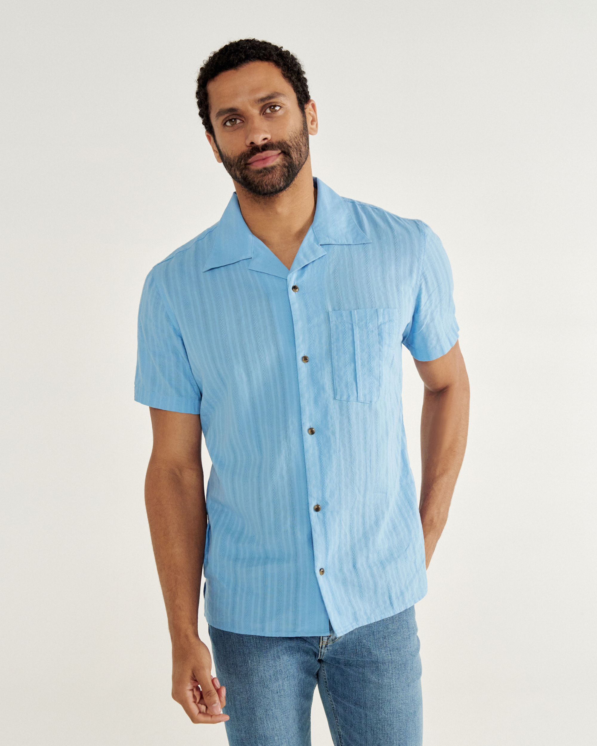 Men's Dobby Camp Short Sleeve Shirt - Light Blue Cotton