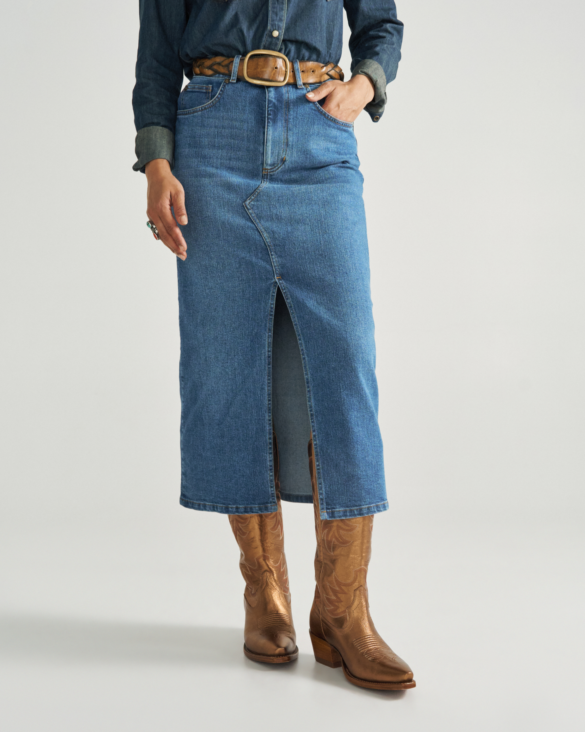 Women's Midi Denim Skirt - Medium Wash Denim