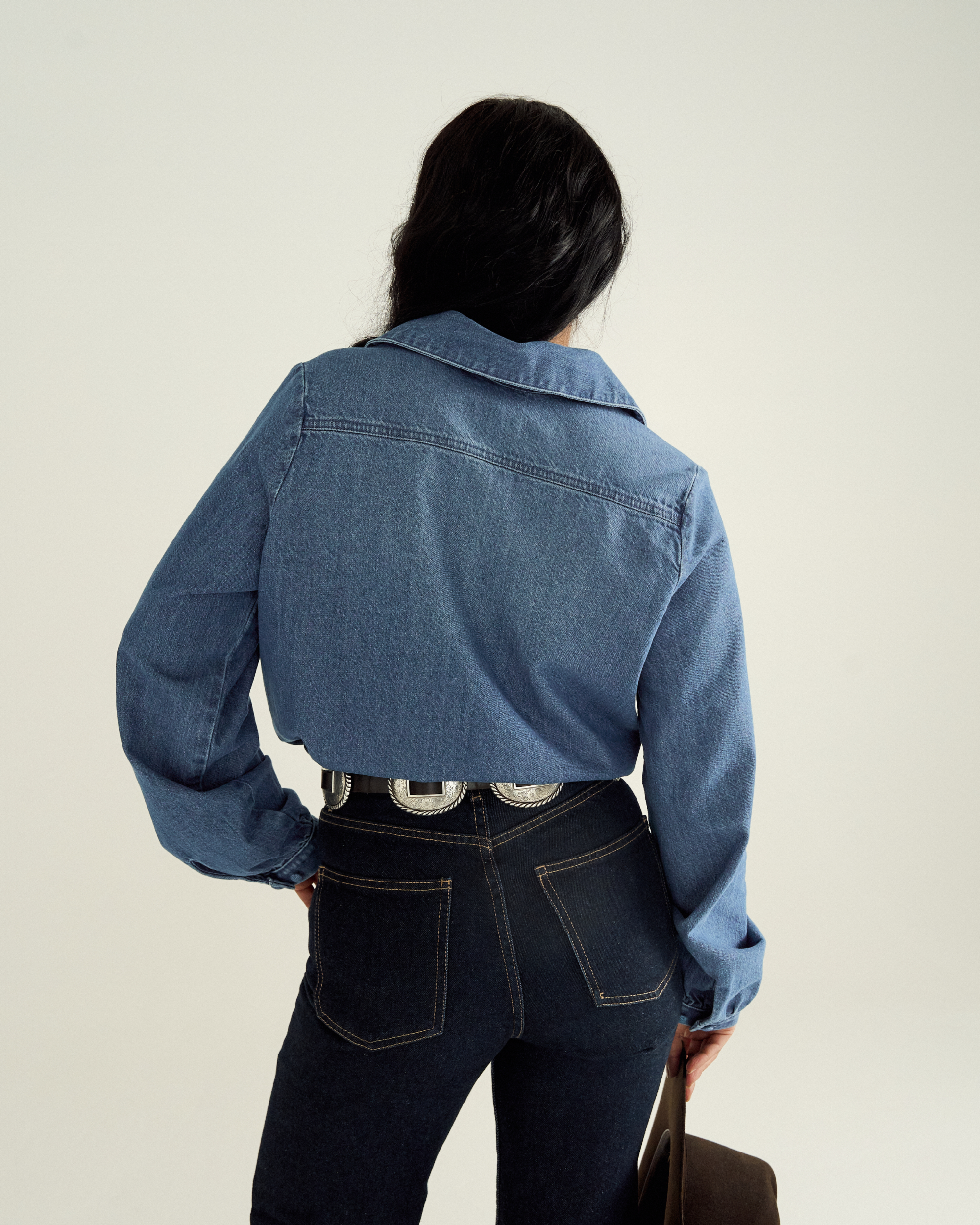 Women's Long Sleeve Denim Popover Top - Medium Wash Denim